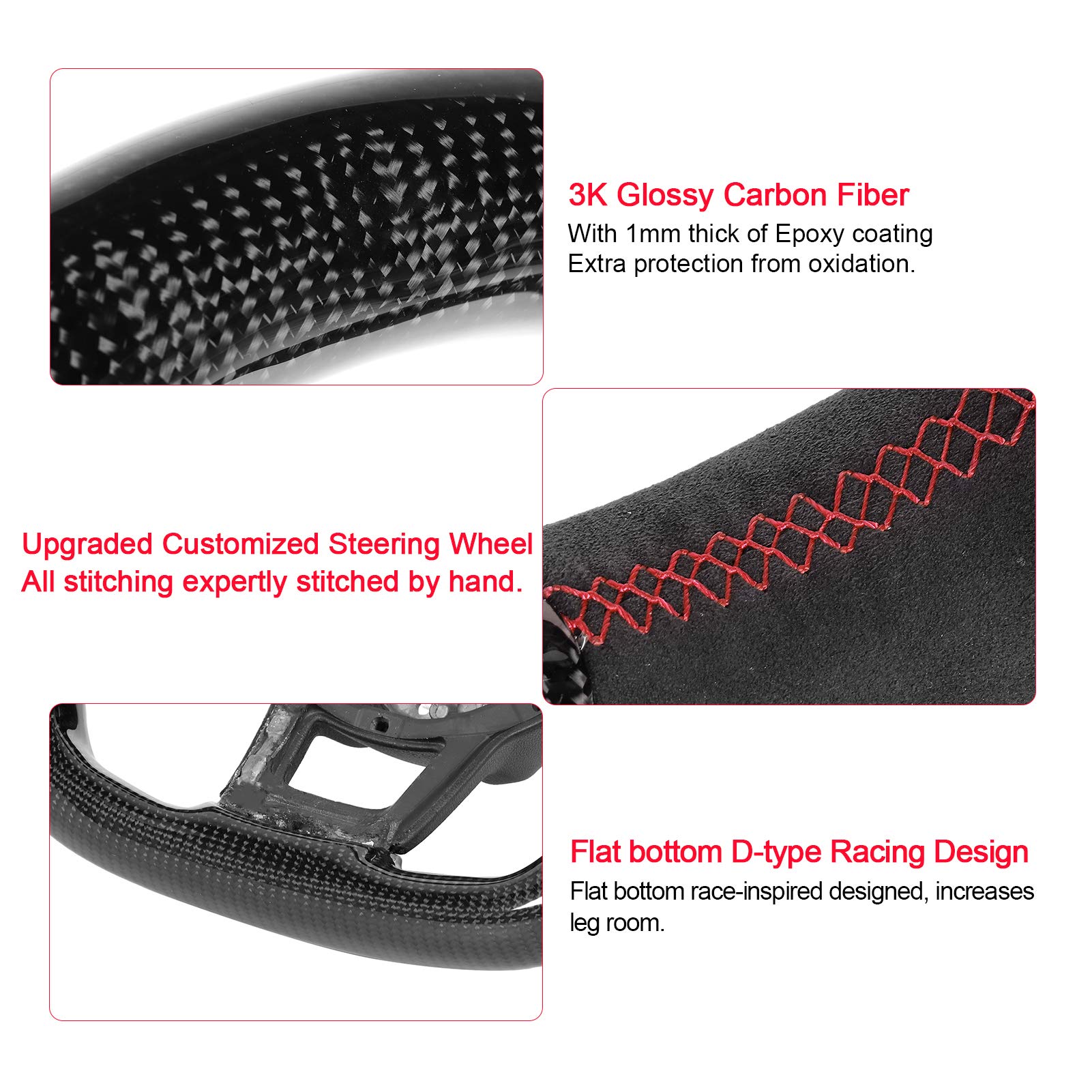 Akozon Volant en Fibre de Carbone en Daim à Fond Plat de Type D avec Coutures Rouges pour Mk7/Mk7.5 Gtd/R 2013-2020, Finition Brillante 3K et Poignée Ergonomique