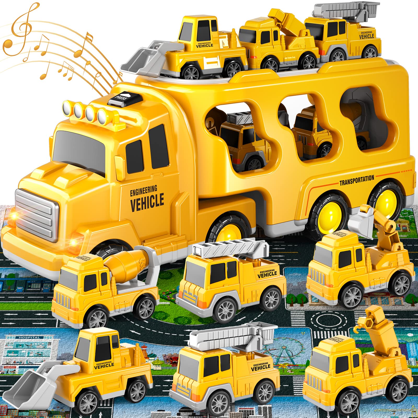 Doloowee Construction Truck Toys for Toddlers 7 in 1 Construction Transporter Truck Friction Power Toy Car, Excavator, Bulldozer, Crane and Mixer Christmas Birthday Gifts for 3-7 Years Old Boys