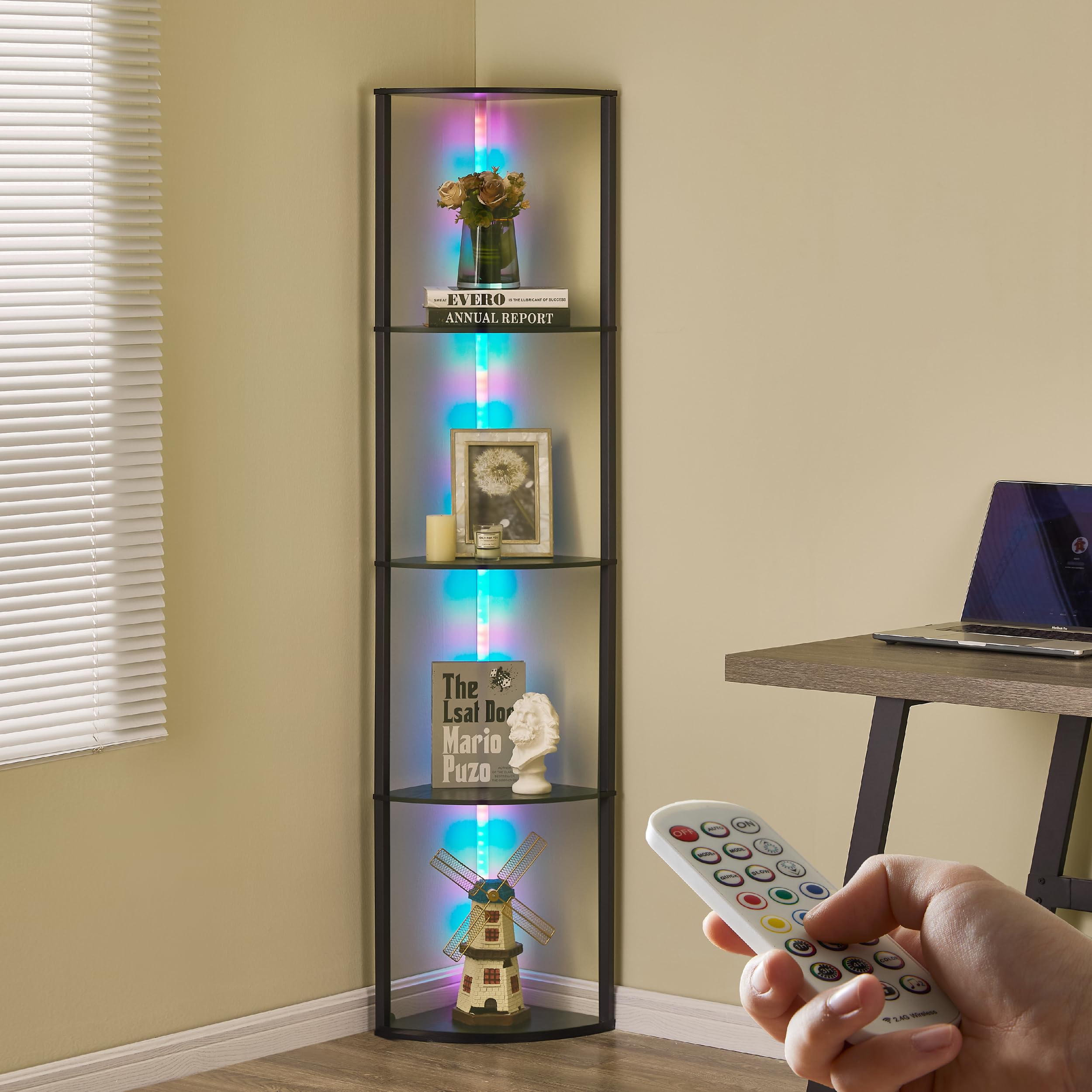 Bibliothèque D'angle 6 Niveaux Avec Bande LED RGB - Dimensions 90x48x169 Cm, Blanc | Étagère De Rangement Pour Salon, Chambre, Bureau | Montage Facile