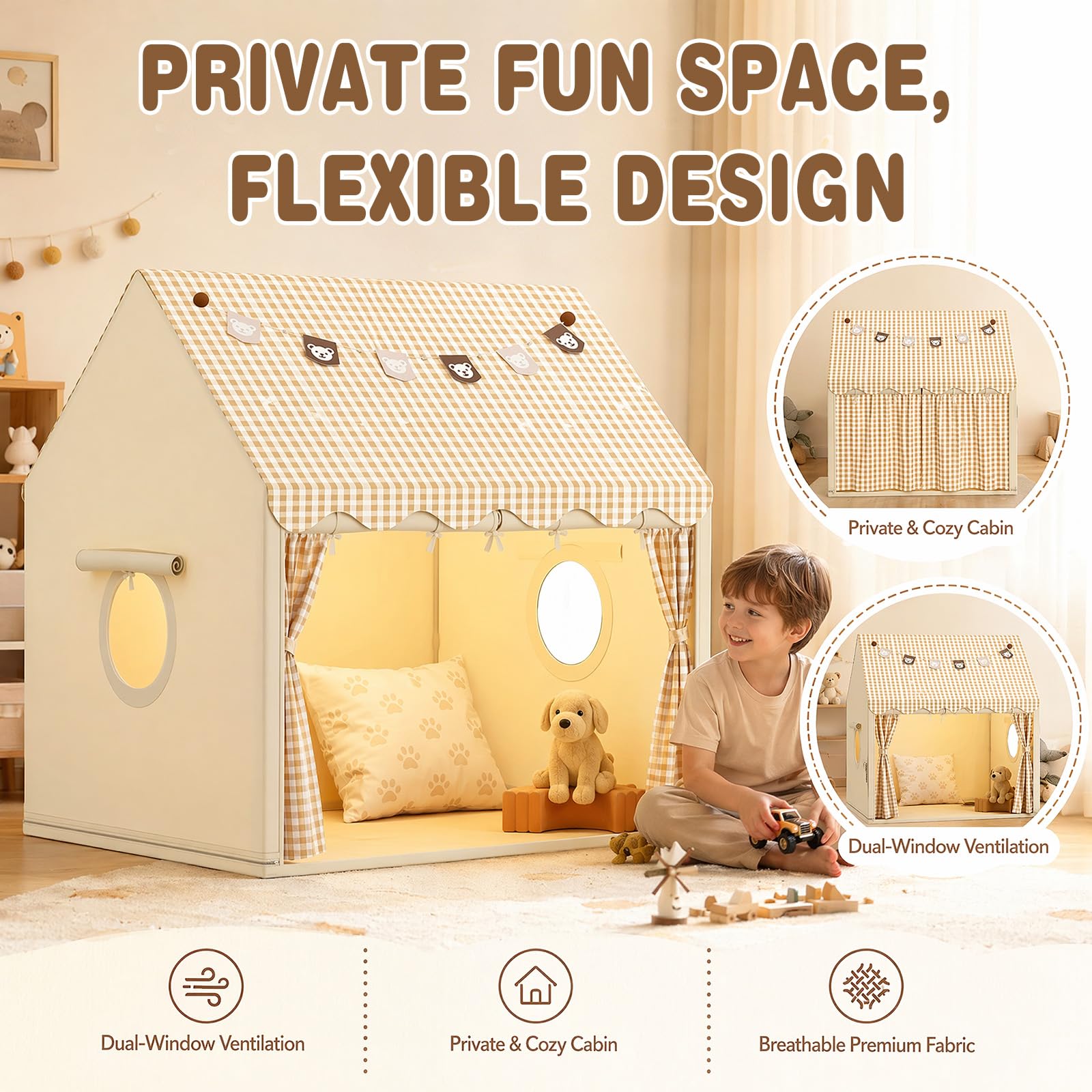 LOMUG Kinderzelt mit Lichtern und Flaggen, Kinder Bettzelt, Innenbettzelt, Spielzelt für drinnen, Prinzessin Zelt mit Fenstern, Kinderspielhaus für Jungen und Mädchen