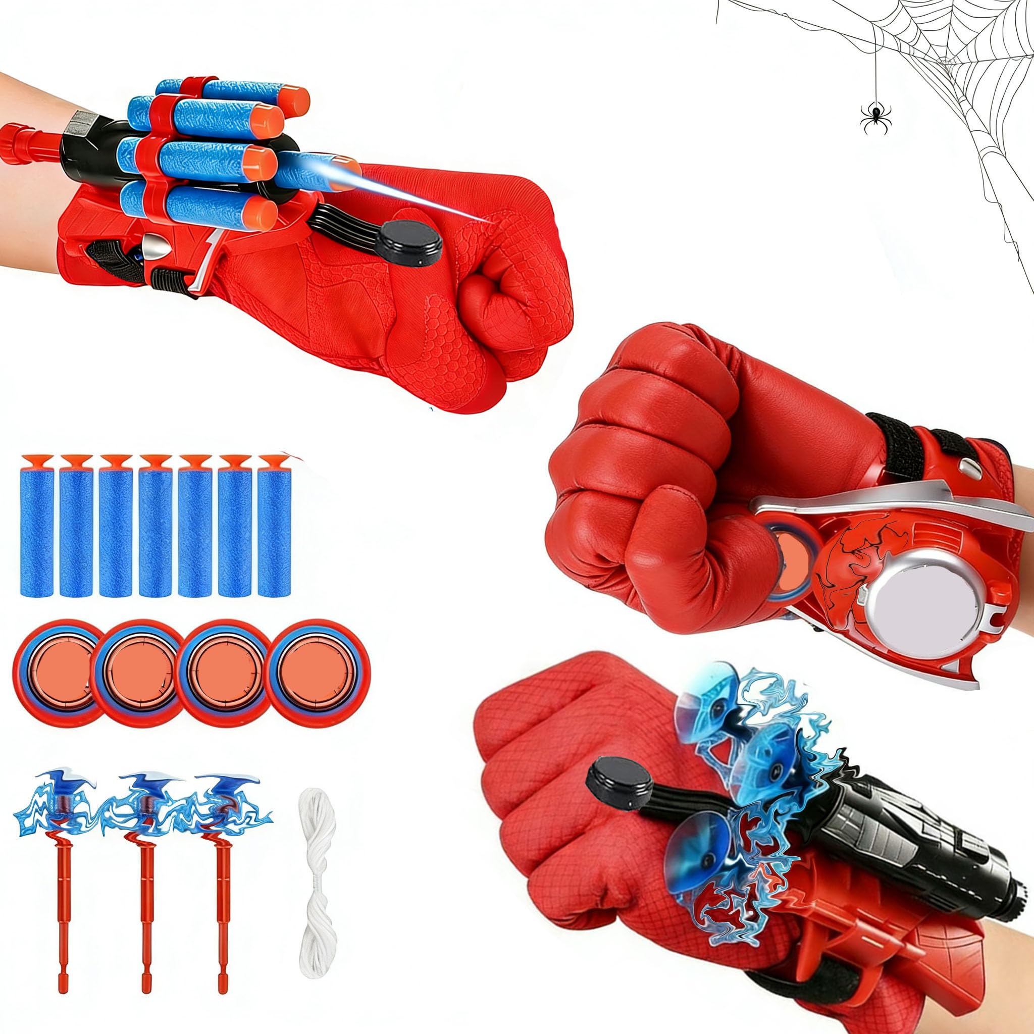 Taufe 3 Set Spide-r Launcher Handschuh,Spid-r Handschuhe,Spid-er Spielzeug,Super Spid-er Launcher,Kids SPI-der Handschuhe mit Saugnapf-Darts und Frisbee,SPI-der netzwerfer,Geschenk für Kinder