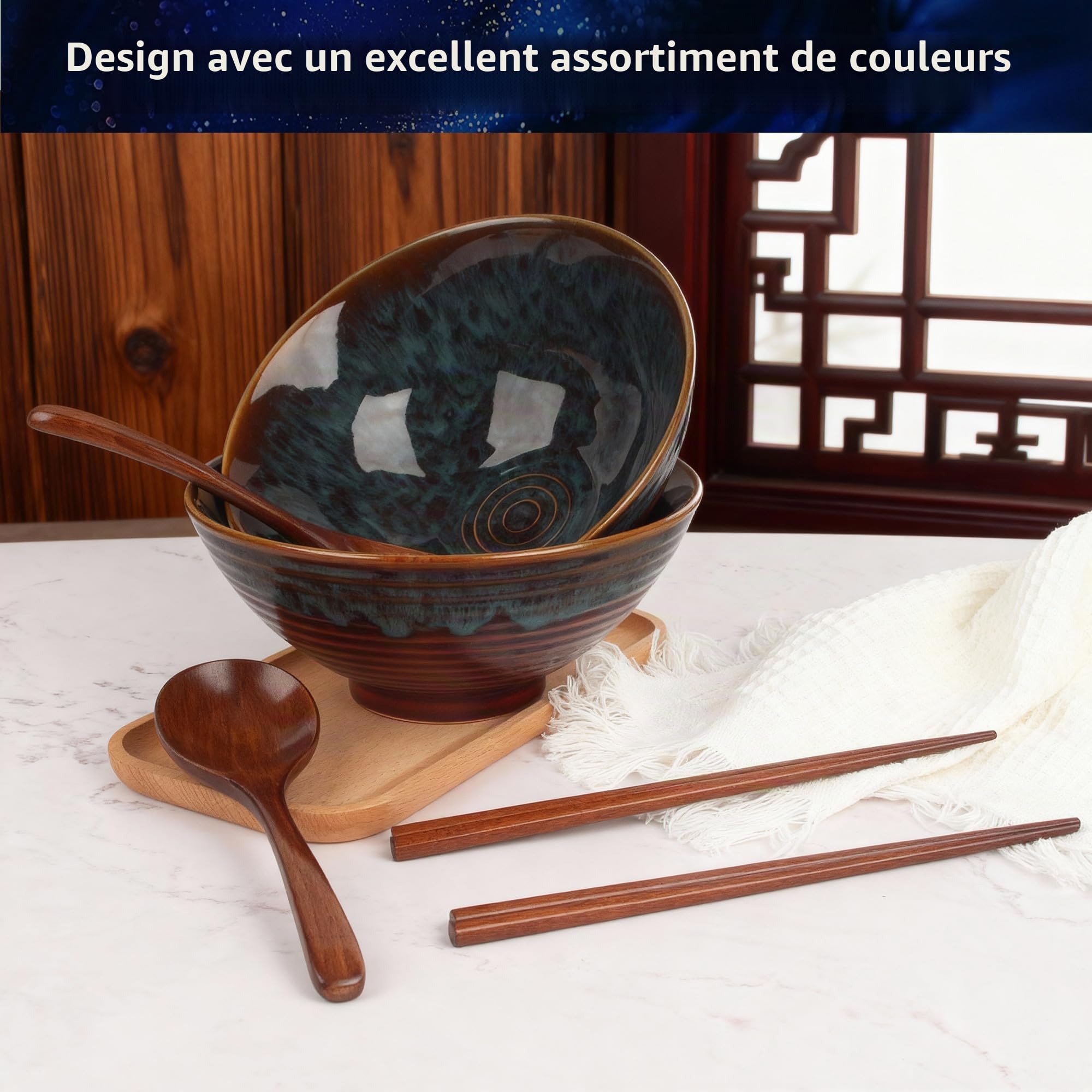 JIYANA 2 x 1200ml Bol Ramen Japonais en Céramique avec Baguettes et Cuillères, Grand Bol à Ramen 20cm, Ramen Bowl Set, Bols Ramen, Bol Japonais, Bol Ramen Avec Couvercle pour Ramen et Nouilles