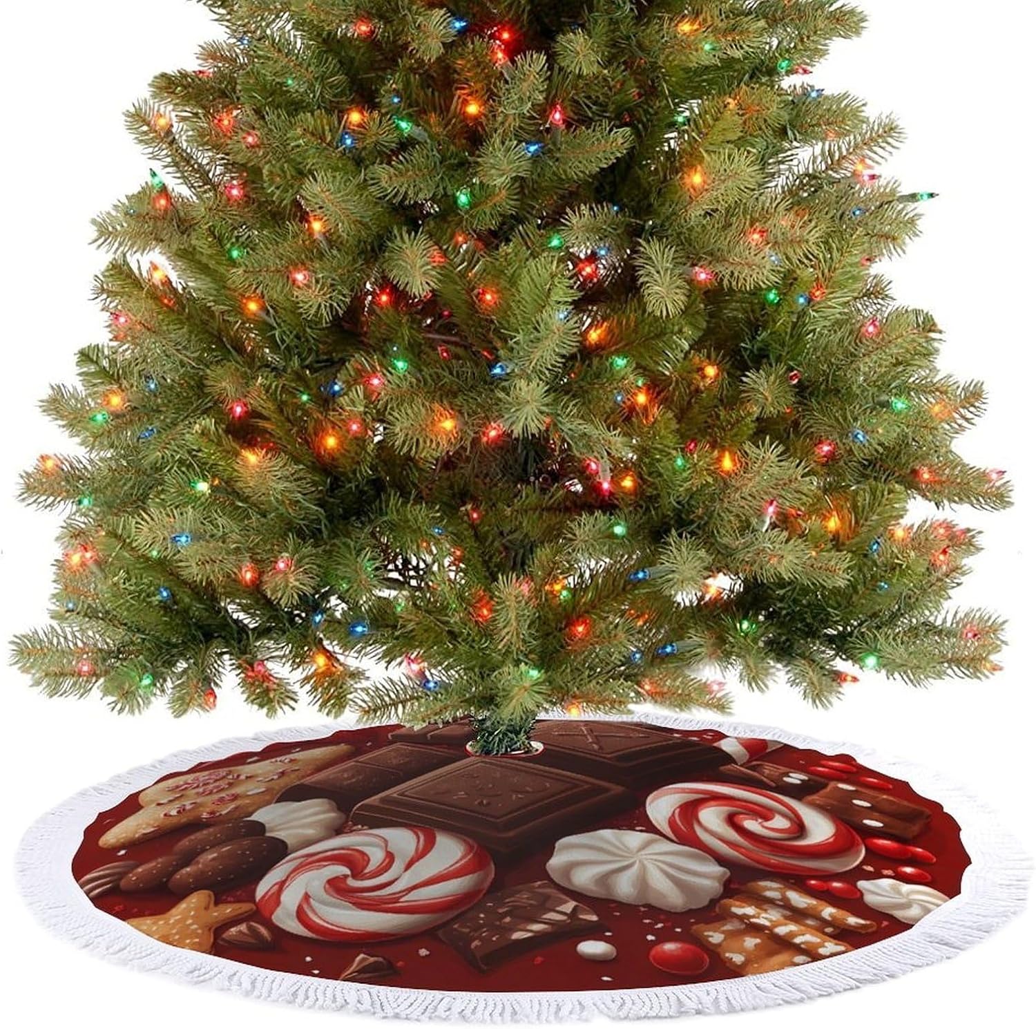 Chocolate Candy Sweets Christmas Tree Skirt Round Xmas Tree Mat Ornaments Tree Skirts with Tassels for Holiday Party