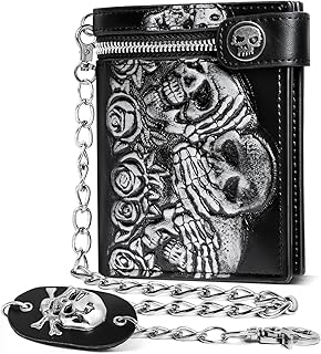 ZEKEE Skull Gothic Chain Wallet Leather Punk Bifold Halloween Goth Accessories Unisex,Black
