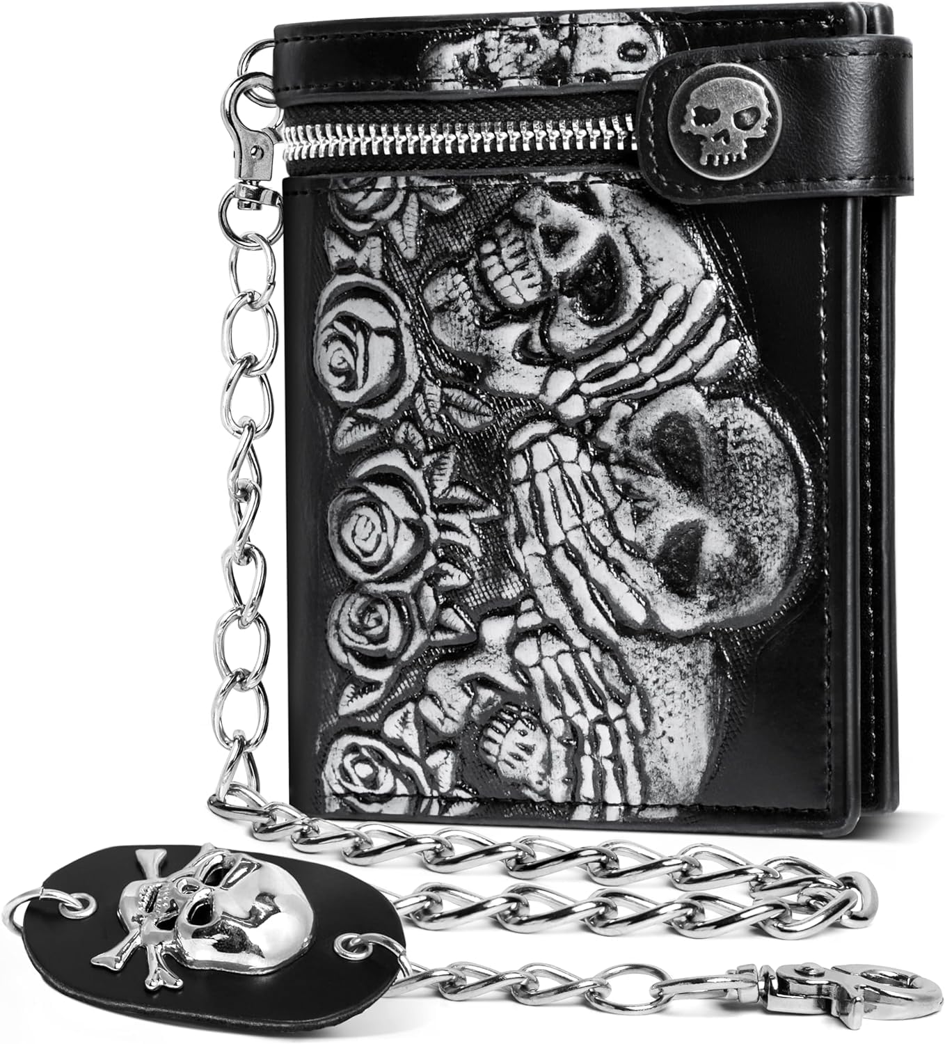 ZEKEE Skull Gothic Chain Wallet Leather Punk Bifold Halloween Goth Accessories Unisex,Black