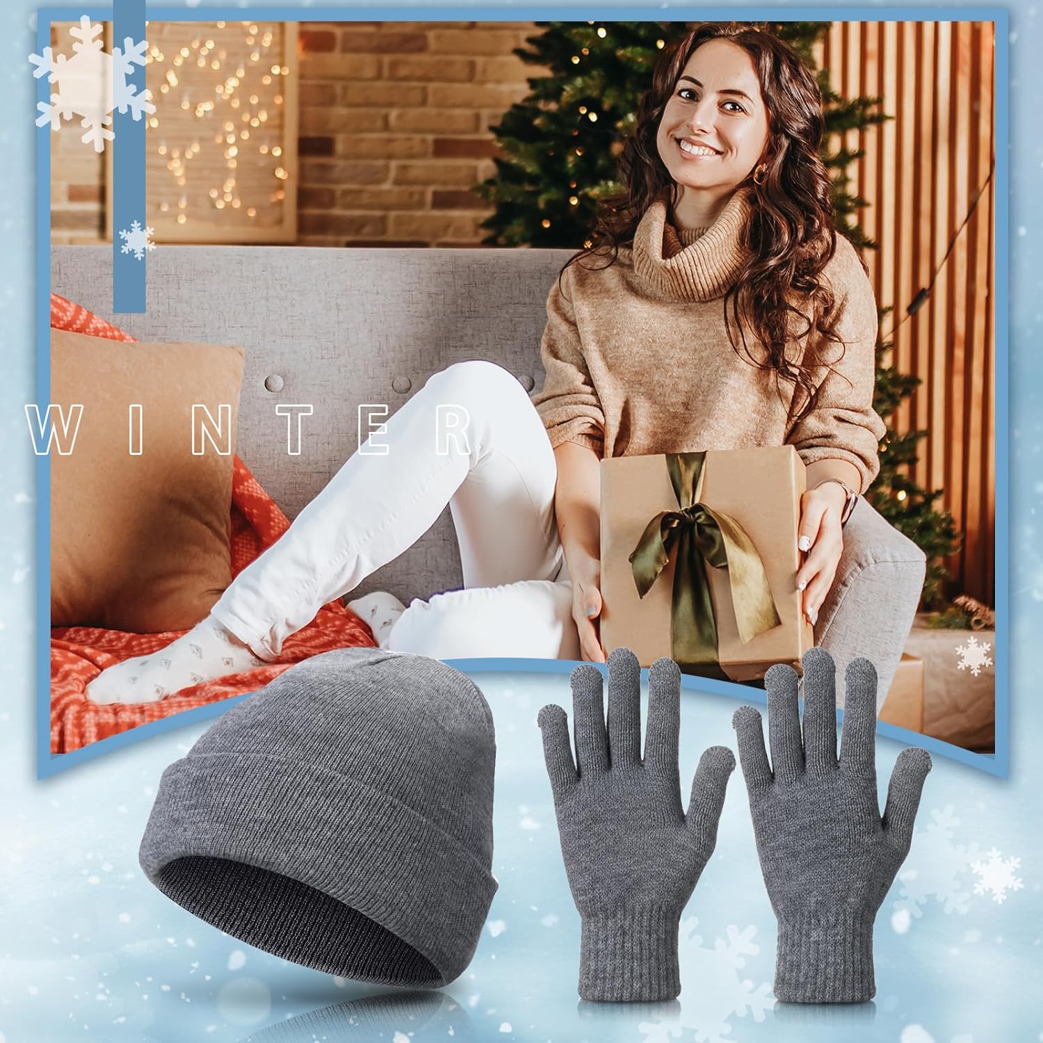4 Pcs Winter Hat Scarf Gloves Headband Set Knit Beanie Touch Screen Gloves Long Scarf Valentine Gift for Women Men - Image 5
