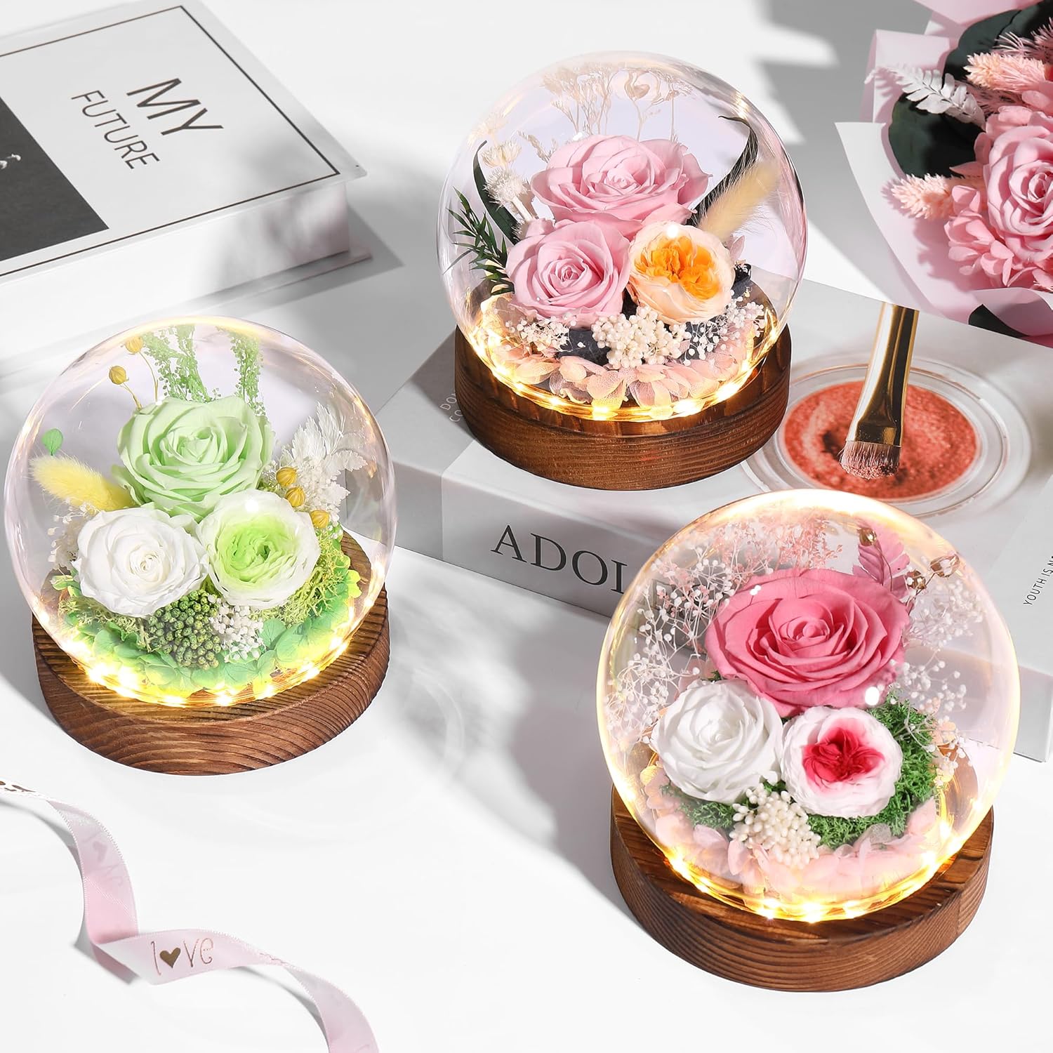 Gifts for Her Preserved Flower Rose in Glass Dome Gifts for Women Mom Wife on Birthday Chrismas,Home Decoration.Pink White