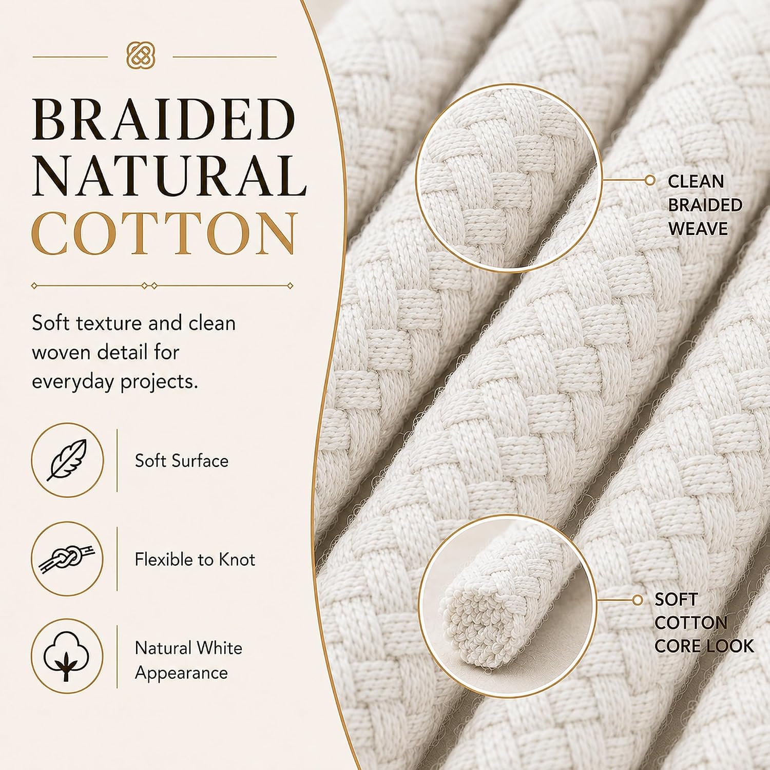 Condition photo showing New/Like New for braided white cotton rope (3/4 inch x 50 ft) natural soft utility rope