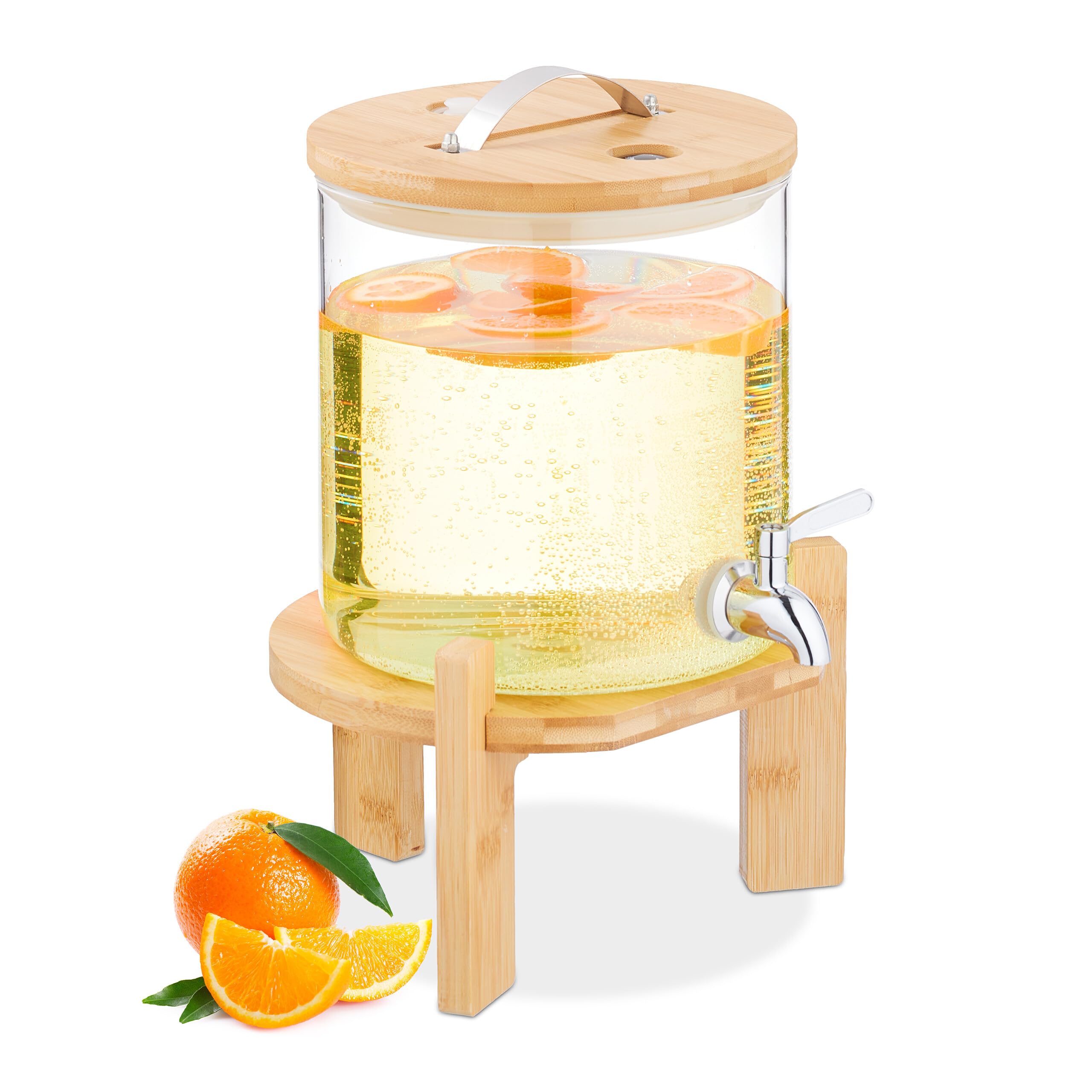 Relaxdays Dispenser in Vetro per Bevande Fredde e Calde, Erogatore Bibite da 5 L, con Rubinetto e Coperchio in bambù