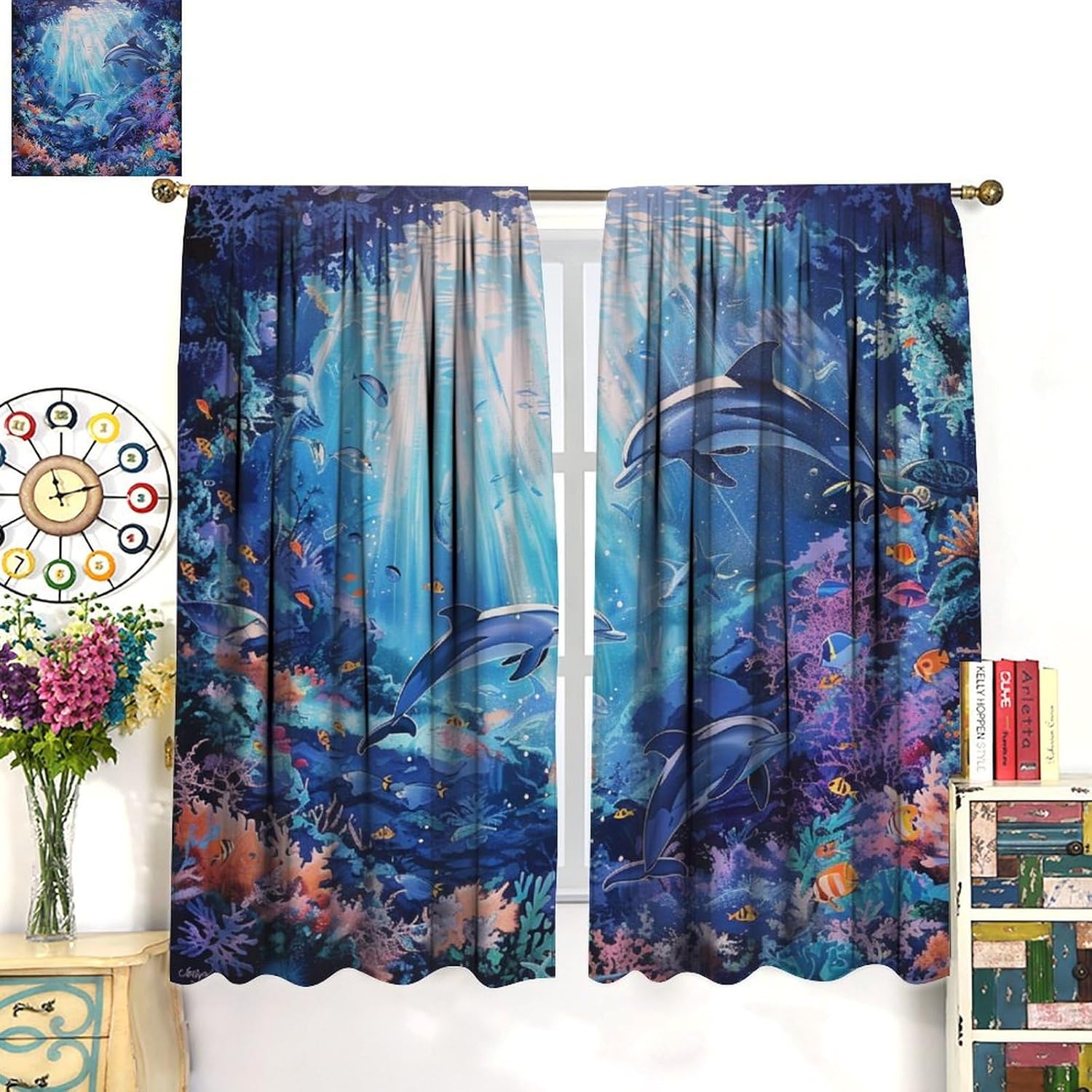 Playful Underwater World Marine Life Blackout Curtains for Bedroom Living Room, Blue Sea Ocean Dolphin Fish Coral Thermal Insulated Room Darkening Curtain- 2 Panels, Each 21" W x 45" L