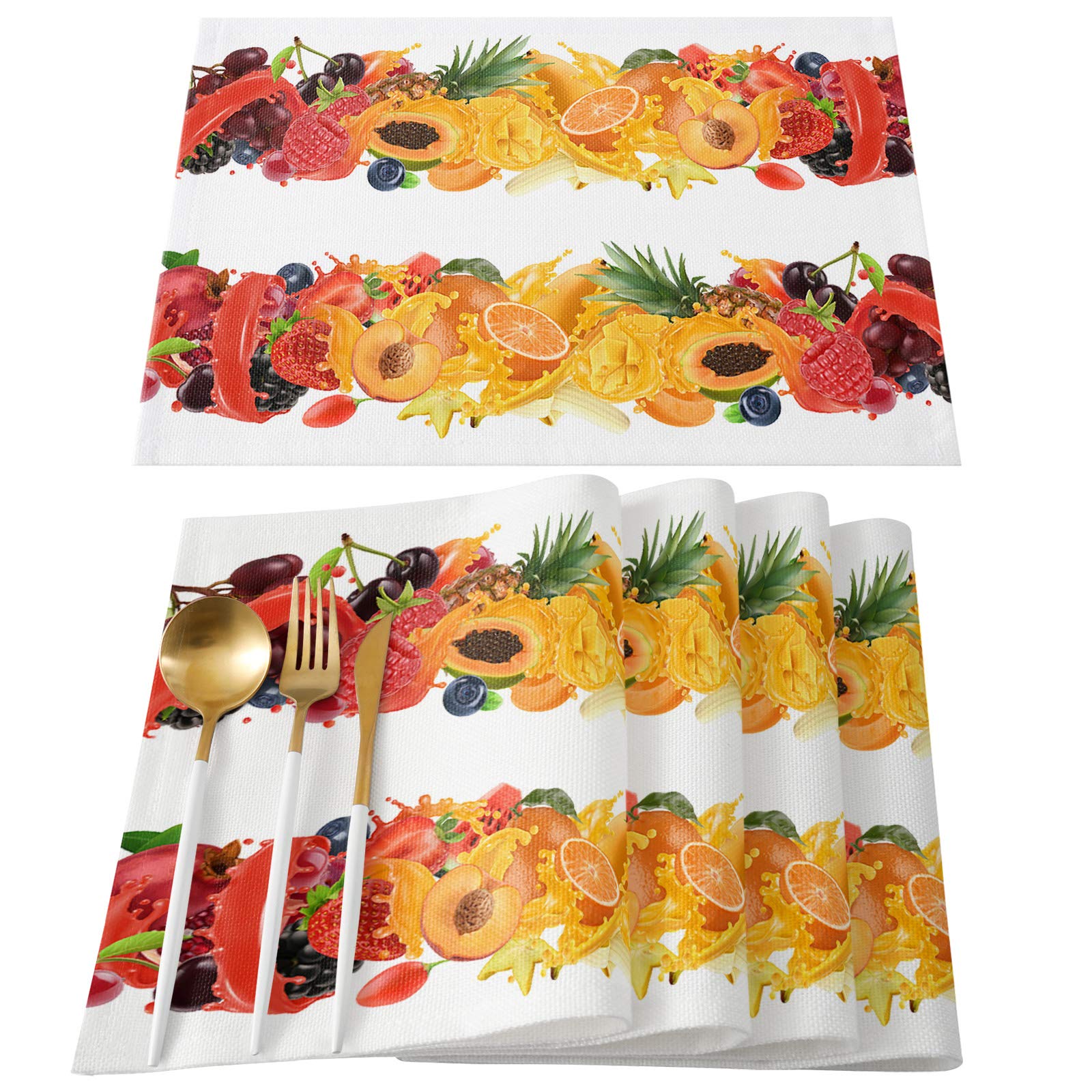 Placemats for Dining Table Set of 6, Tropical Fruits Pattern Exotic Background Linen Table Mats for Kitchen Table Mat Non-Skid Insulation Washable Place mats