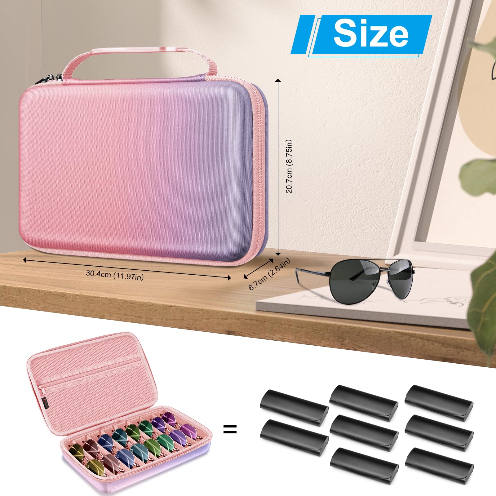 Fintie Custodia organizer da viaggio per occhiali da sole con 8 scomparti regolabili, in EVA rigida, per uomini e donne, Fantasia Ombre, Large, Custodia organizer da viaggio per occhiali da sole con