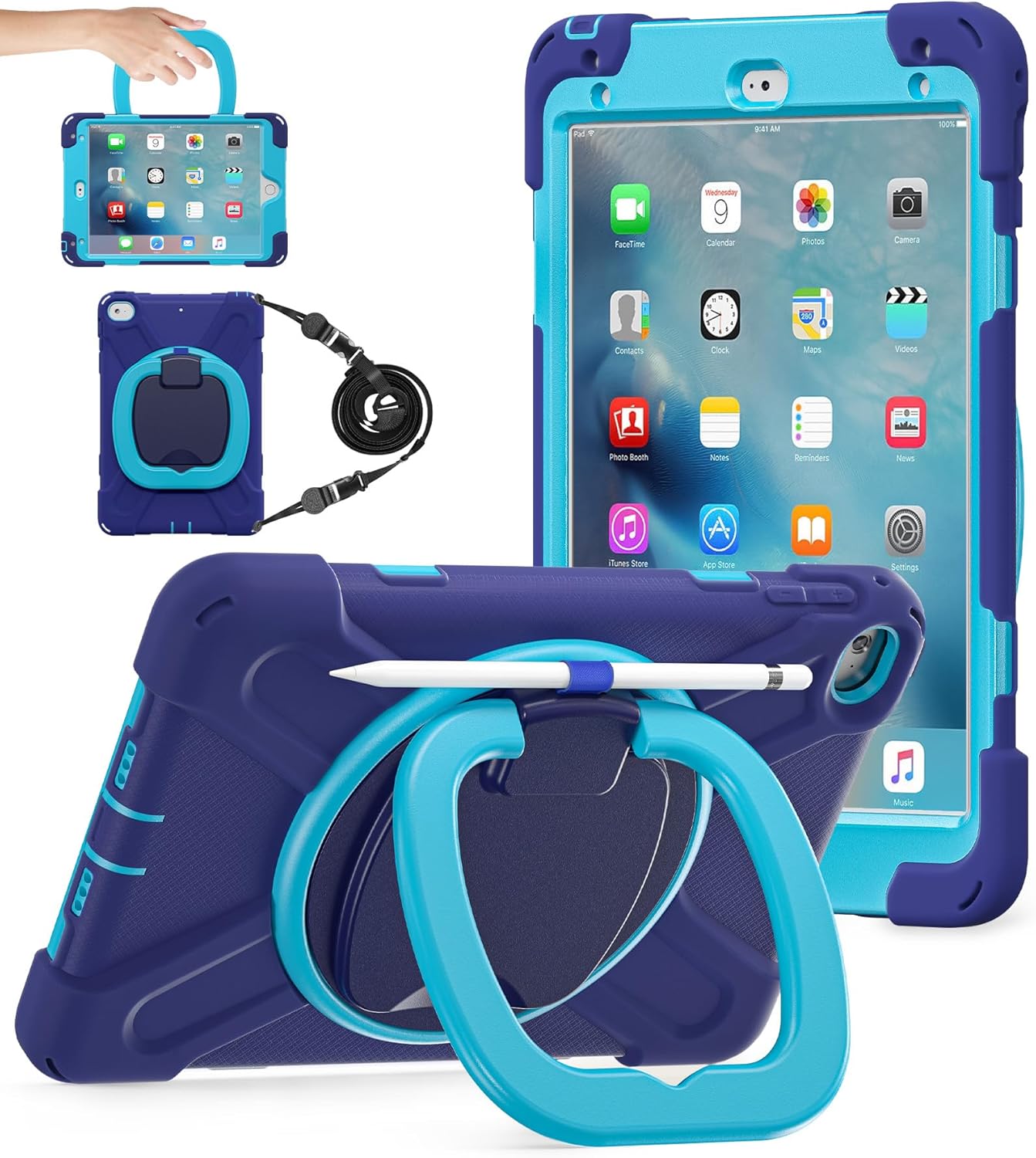 BATYUE for iPad mini 5/4 7.9 Inch Case (2019/2015), Heavy Duty Protective Cover with 360° Kickstand, Detachable Shoulder Strap & Pencil Holder for Business & Bulk Orders - Navy Blue