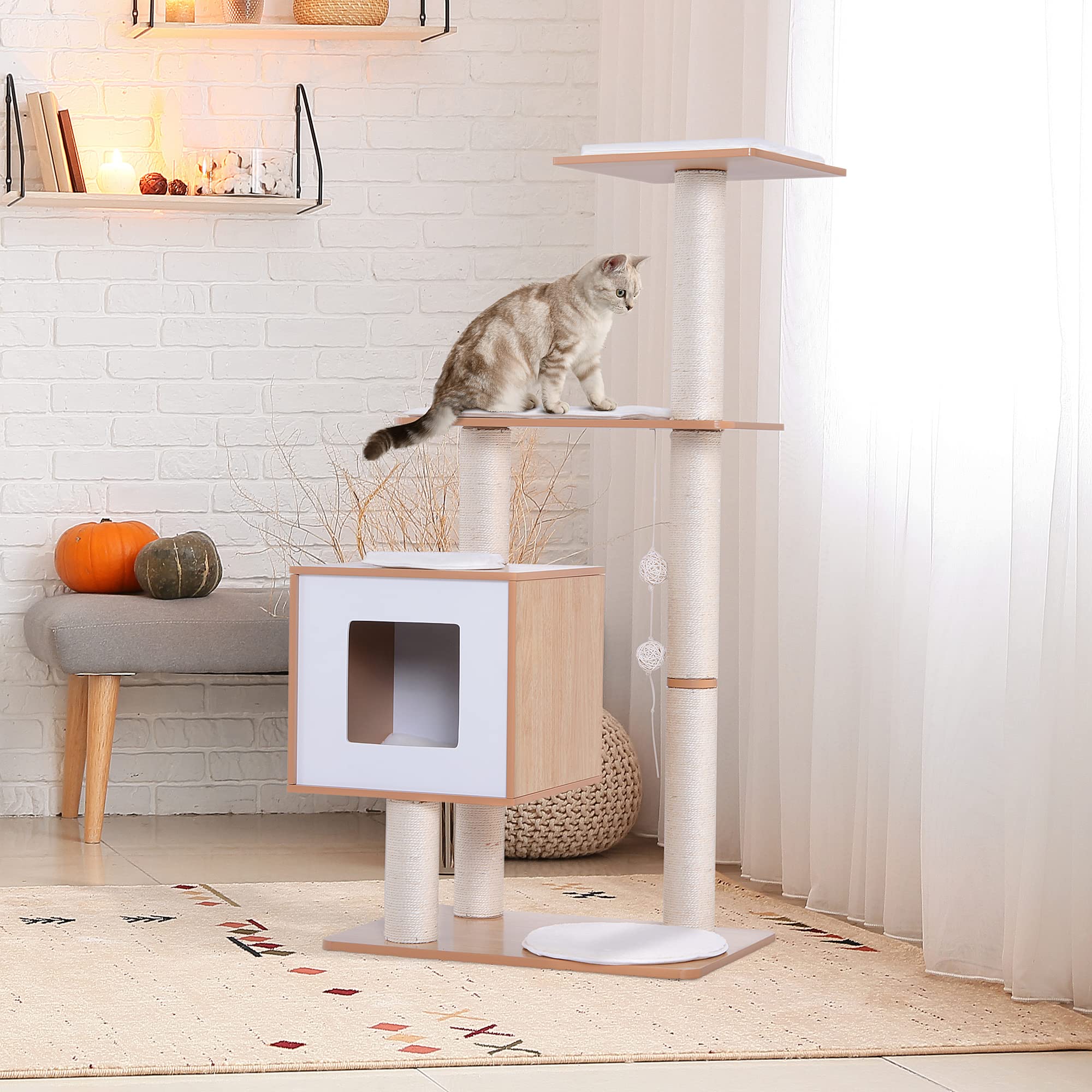 PawHut Árbol Rascador para Gatos Torre de Gato 71,5x49,5x120 cm Natural | de Madera, con Cueva, Plataformas, Postes Rascadores de Sisal, Cojines de Felpa Suave, Bolas Colgantes