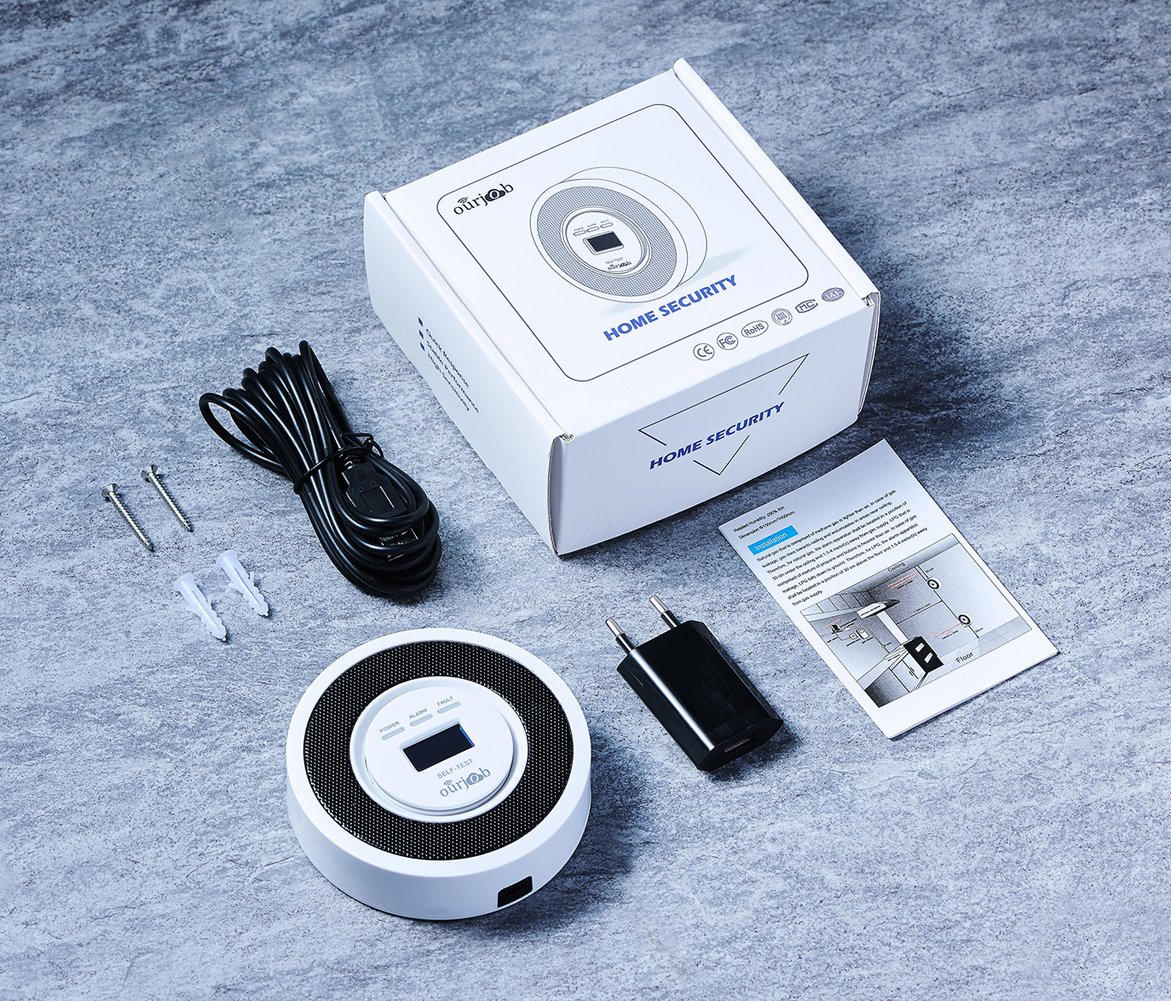Detector de Gas, Ourjob LPG/Gas Natural/Gas de la Ciudad Sensor, Alimentado por USB Detector de Fugas de Gas Propano/Butano/Metano, Alarma con Sonido y luz para la Cocina de la Casa de la Casa