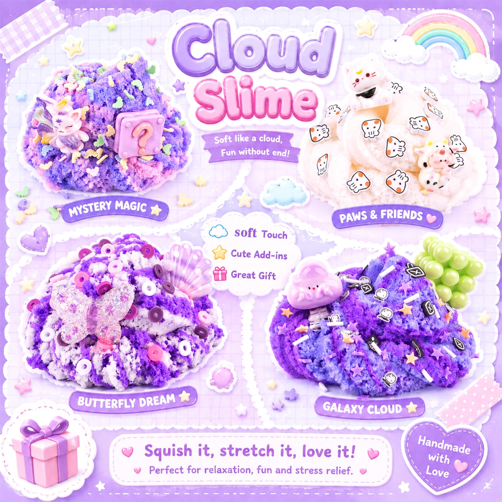 Kit di slime viola a forma di nuvola, 12 pezzi, morbido giocattolo sensoriale | per bambini dagli 8 ai 12 anni, bomboniere per feste di compleanno, riempitivi per sacchetti per ragazze e ragazzi