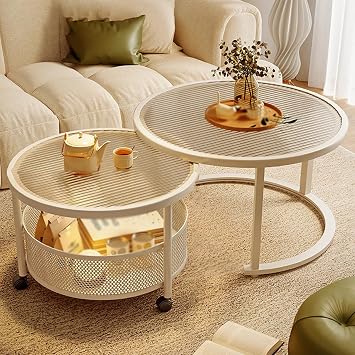 Round Nesting Coffee Table Set of 2, Glass Tabletop, Metal Frame, Hollow Mesh Basket Storage, Flexible Pulleys, Suitable for Living RoomWhite,80 * 45+60 * 40cm/31 * 18+24 * 16in
