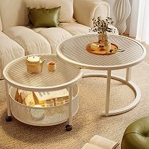 Round Nesting Coffee Table Set of 2, Glass Tabletop, Metal Frame, Hollow Mesh Basket Storage, Flexible Pulleys, Suitable for Living RoomWhite,80 * 45+60 * 40cm/31 * 18+24 * 16in