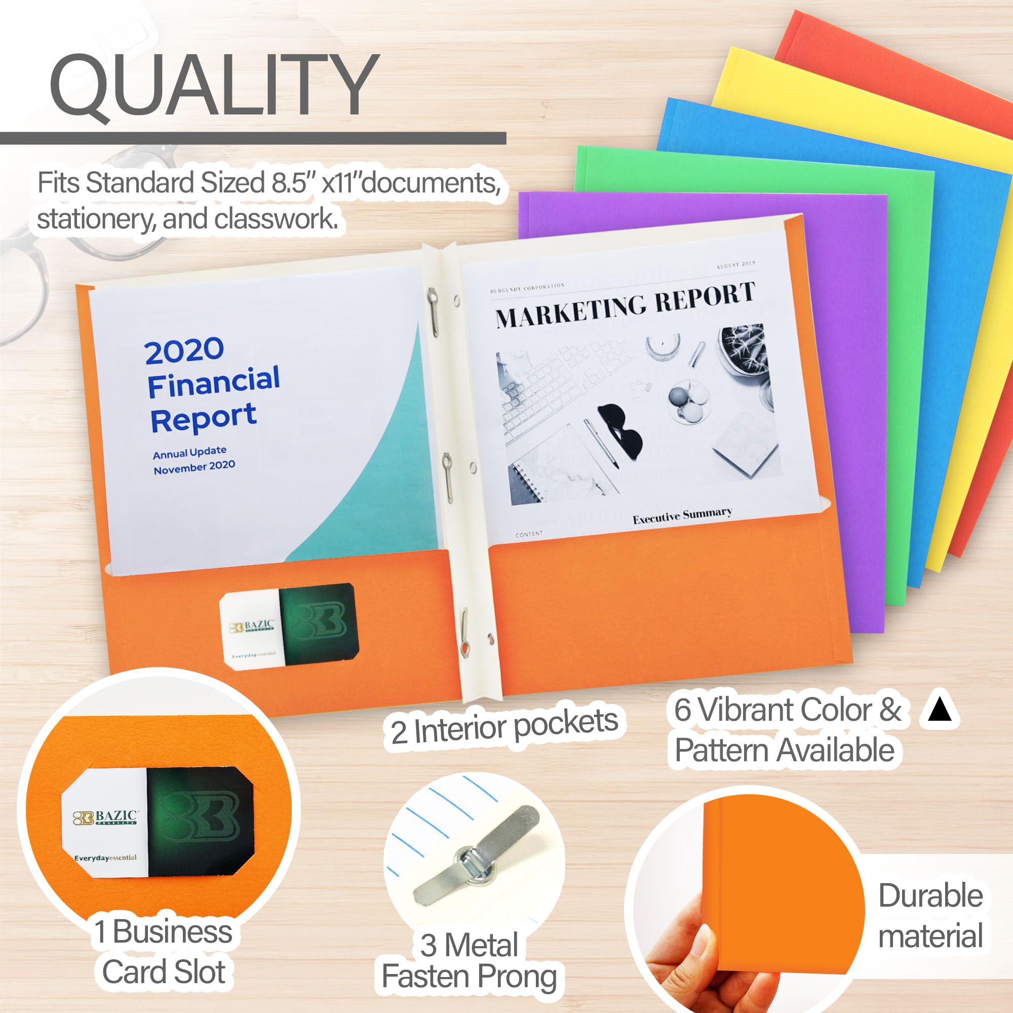 BAZIC - Carpeta de papel de 2 bolsillos, 3 pinzas de metal, carpetas tamaño carta para organizar documentos de oficina, colores surtidos, paquete de 100