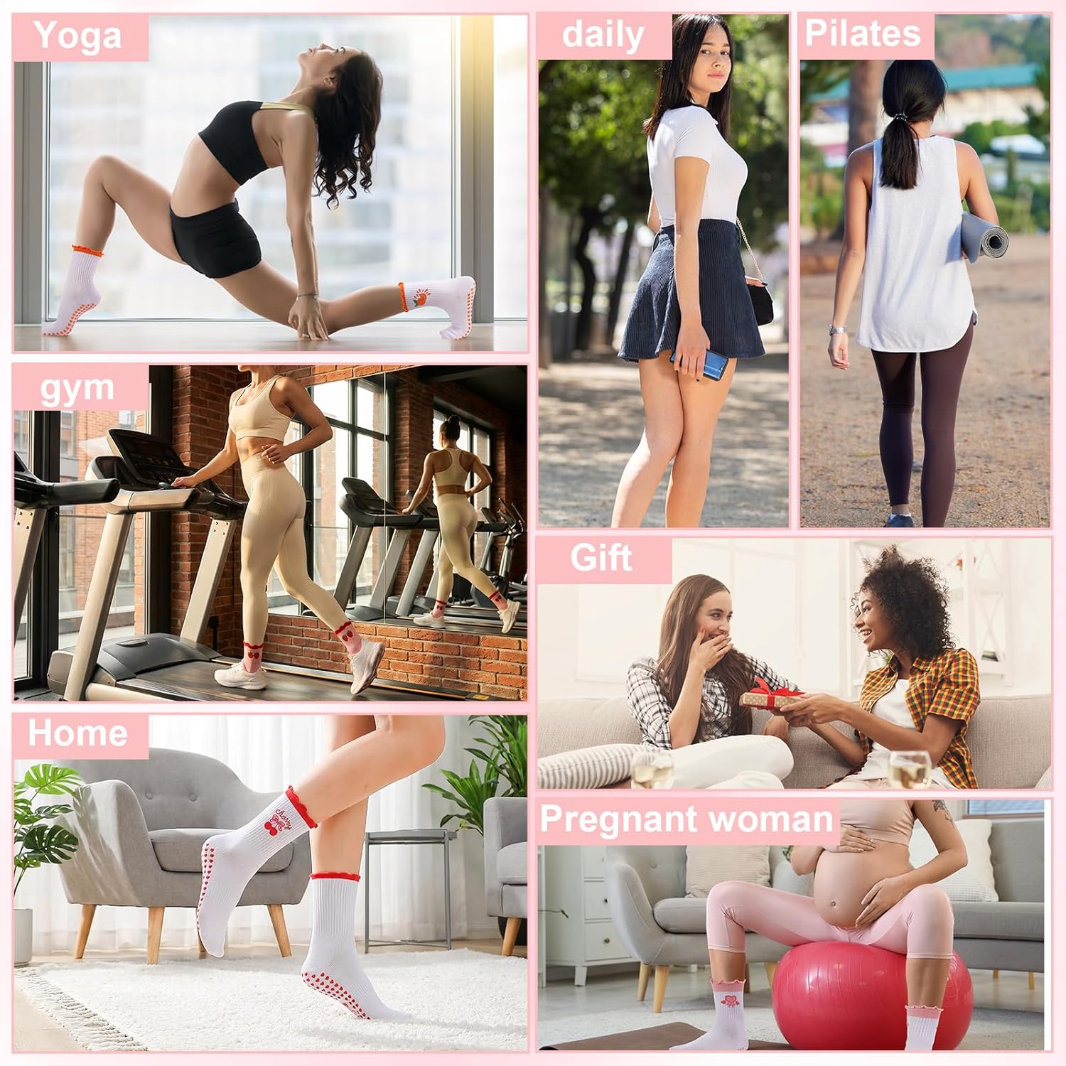 Pilates Grip Socks for Women, 2/4 Pairs Ruffle Yoga Sock Cotton Grippy Athletic Crew Socks Gift for Barre Workout - Image 7