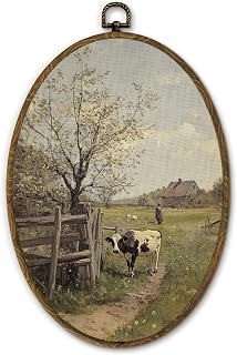 Yjeslw Vintage Farmhouse Cow Oval Wall Art Decor, Rustic Country Landscape Canvas Prints Framed, Antique Moody Countryside Cow Wall Hanging Decor for Home Bedroom Living Room, 8.6x11.4 Inches