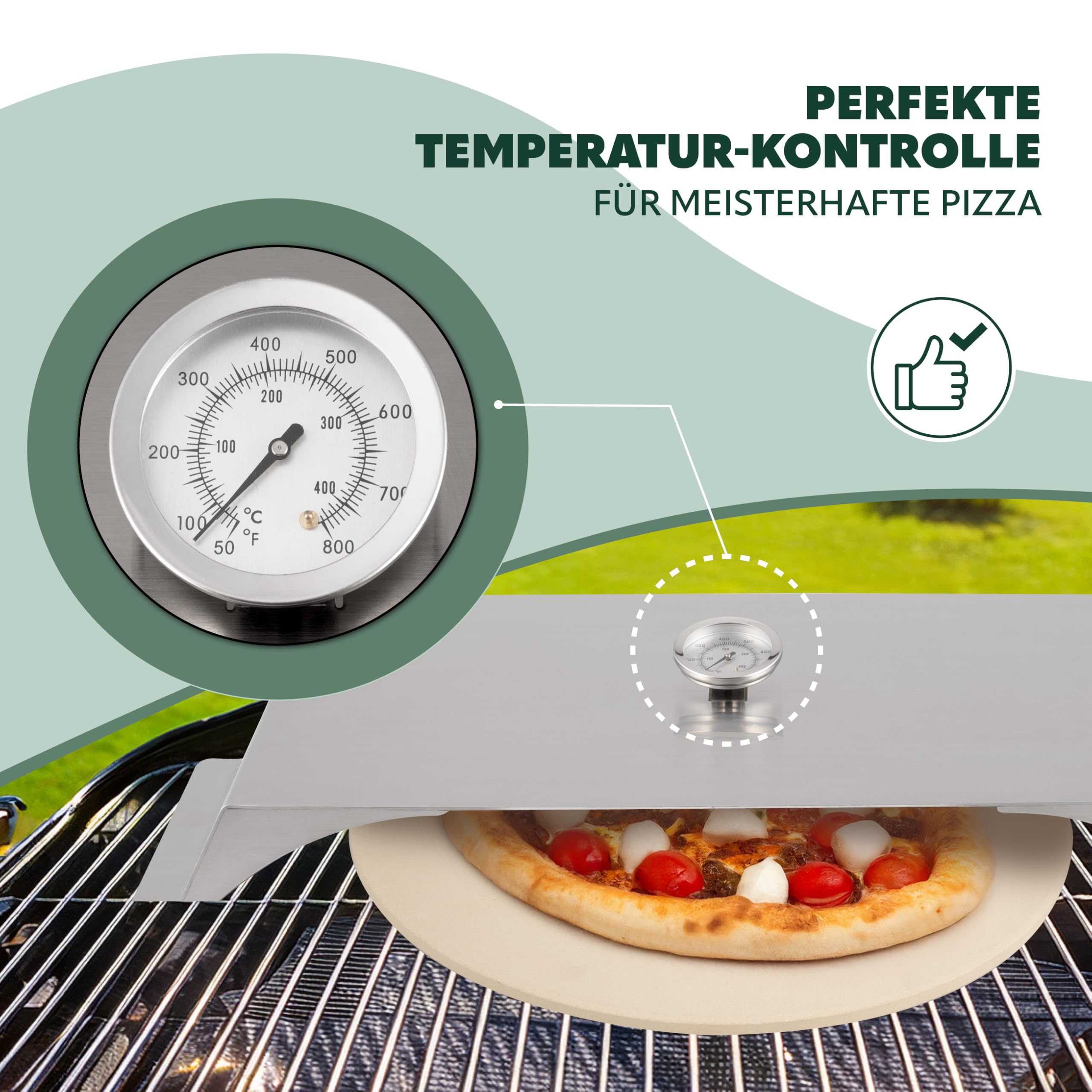 Bremermann Pizza-Aufsatz für Grills mit Thermometer, Schaufel und Pizzastein, 56 x 9 x 38 cm