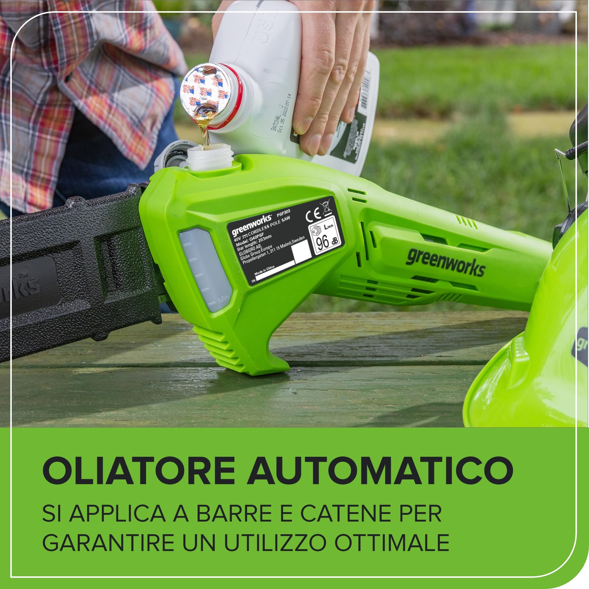 Greenworks G40PSFK2 Sega ad Asta a Batteria, Lunghezza Barra 8 Pollice (20cm), Velocità Catena 8m/s, 3,64kg, Auto-Lubrificante, Asta 2.58m, Batteria 40V 2Ah e Caricabatterie, Garanzia 3 Anni