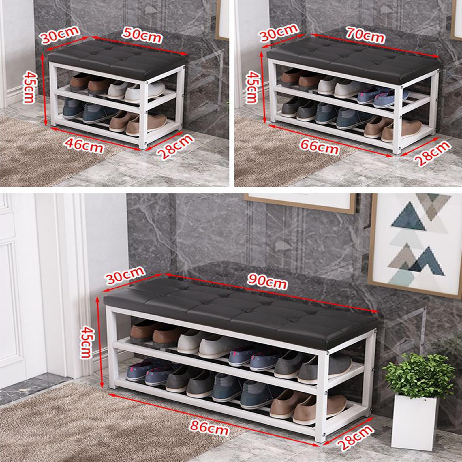Stylowa tapicerowana ławka na buty 50 x 30 x 45 cm, zapinana na guziki, pufa do salonu, blat z litego drewna, miękkie futro, do organizacji przedpokoju i sypialni