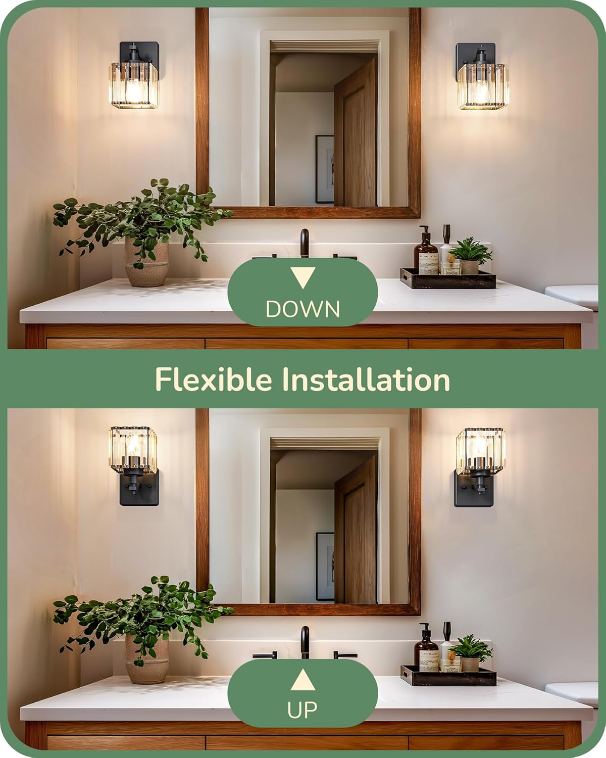 EDISHINE Hardwired Bathroom Light Fixtures, Modern Wall Sconces Set of Two, Crystal Bathroom Vanity Llight, Indoor Lighting Fixtures Over Mirror, Black Wall Lamp for Bedroom