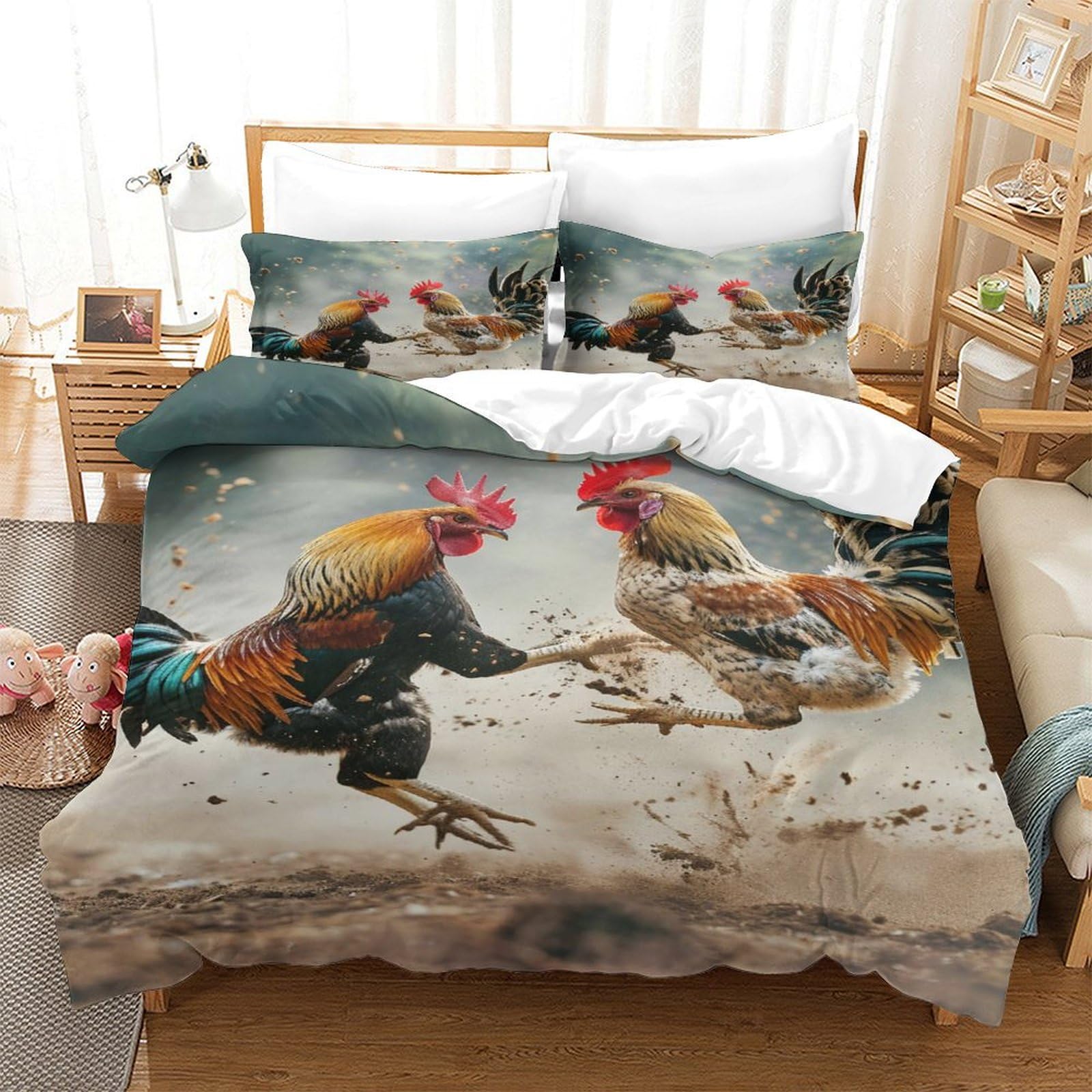 P1s9u7w5y Gallic Rooster-6 Rustic Farm 3D Printed Rooster Duvet Cover Set 3Pcs Microfiber Country Bedding Set Double（200X200cm）