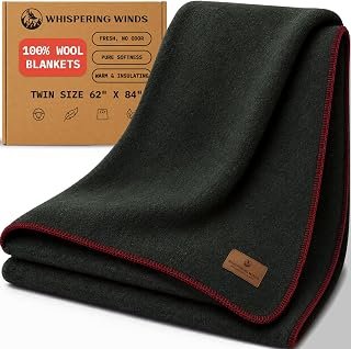 Whispering Winds 100% Virgin Wool Blanket, Twin 62x84 Premium Heavyweight Camping Blanket