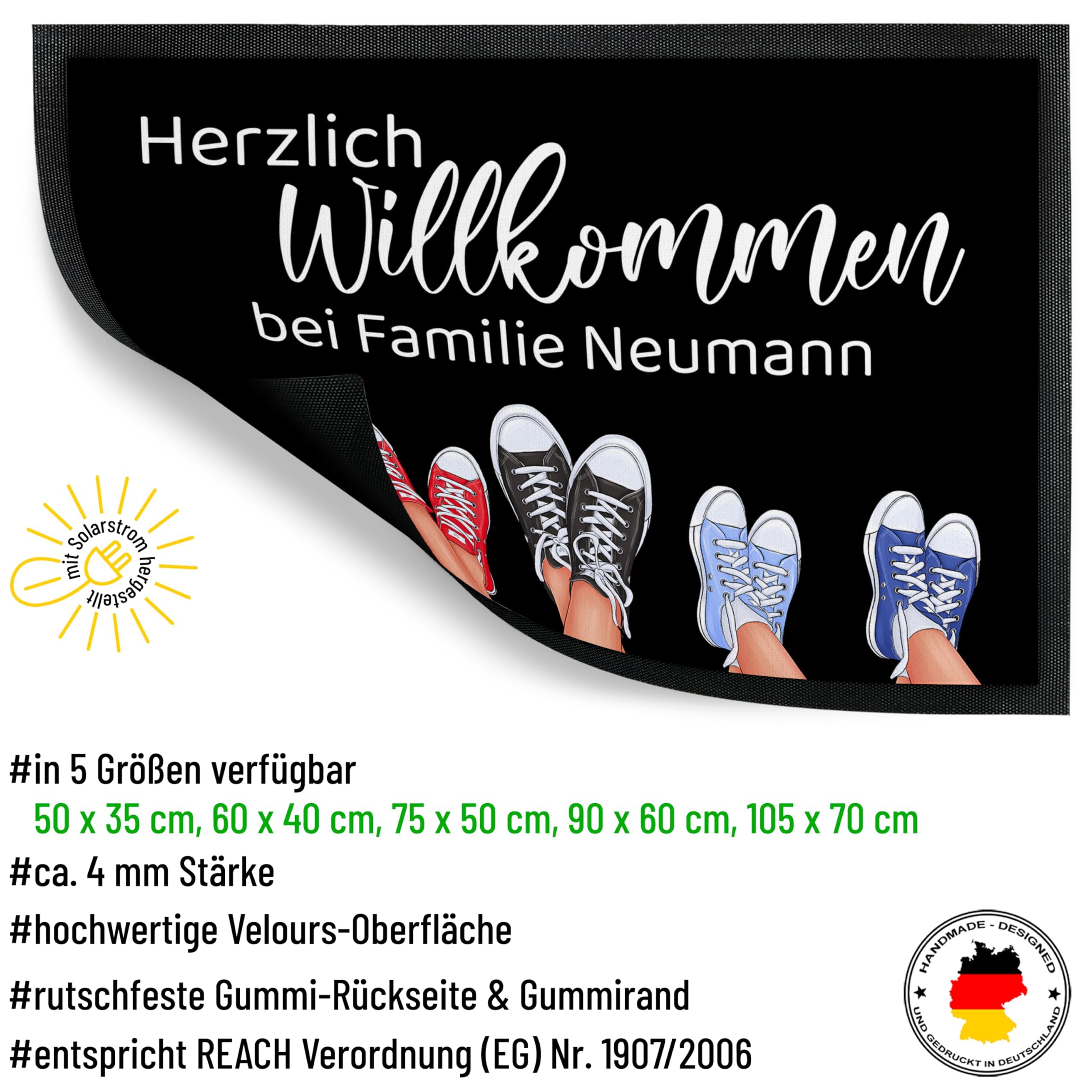 True Statements Personalisierte Fußmatte Willkommen mit Namen & Sneakers, Türmatte Innen Außen 75 x 50 cm