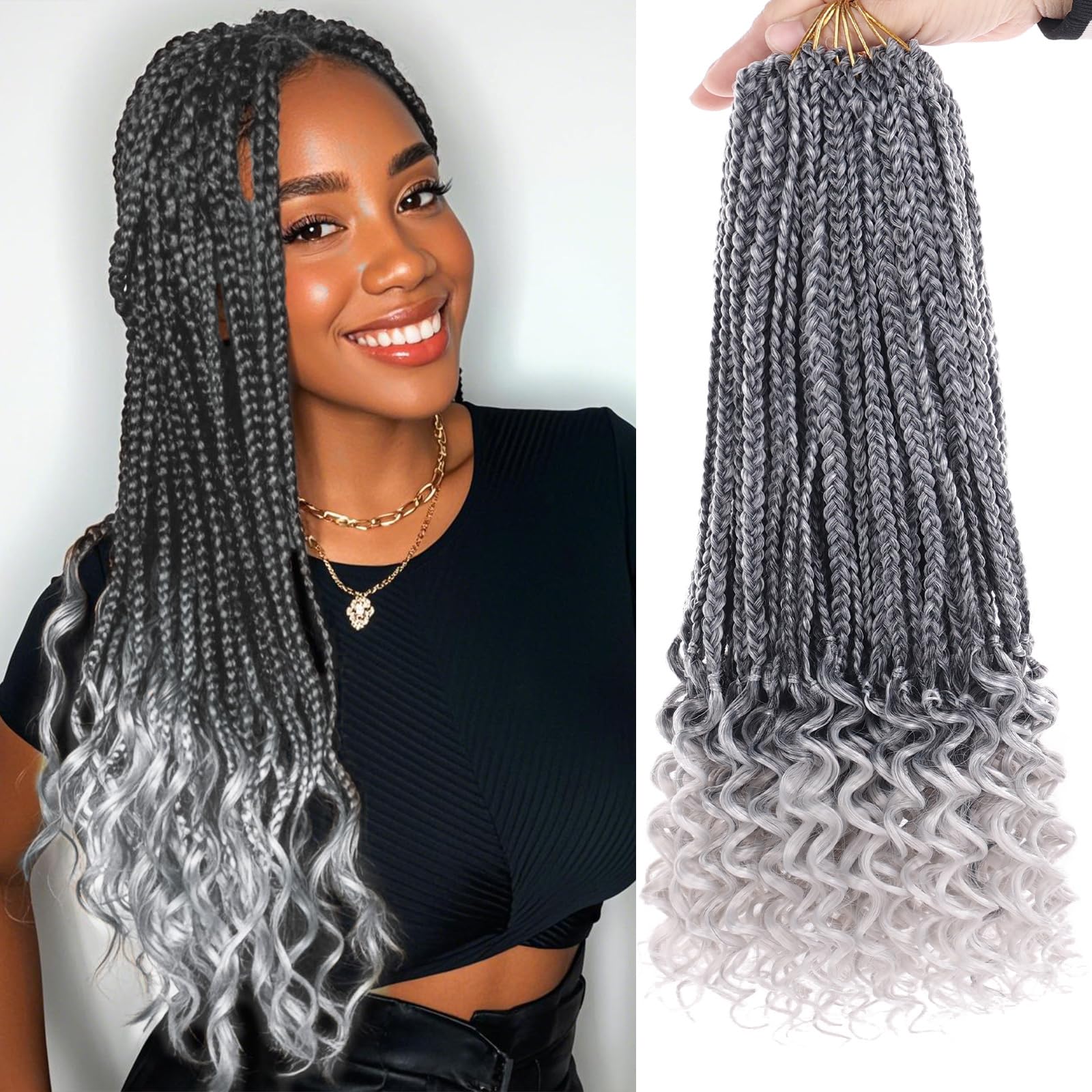 View 1 of 14 Inch Goddess Box Braids Crochet Hair with Curly Ends 8 Packs Pre-looped Goddess Braids Hair Extensions Synthetic Bohemian Box Braiding Hair for Women (15Strands/pack Tgrey#)