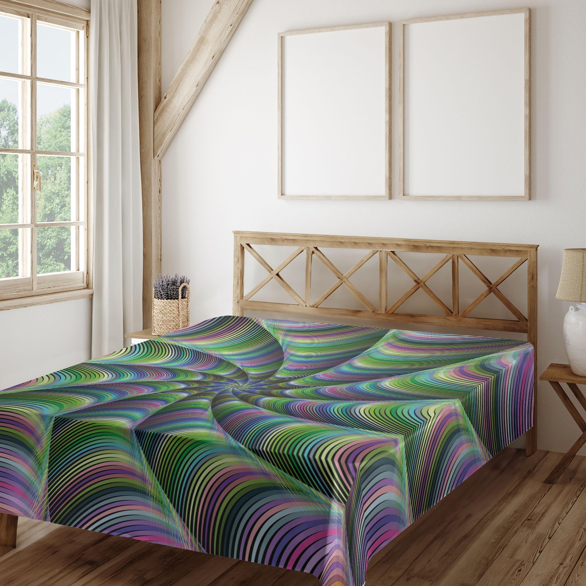 Ambesonne Fractal Flat Sheet, Psychedelic Tentacles Converging into Flower Form Infinity Spinning Focus Design, Soft Comfortable Top Sheet Decorative Bedding 1 Piece, California King, Green Purple