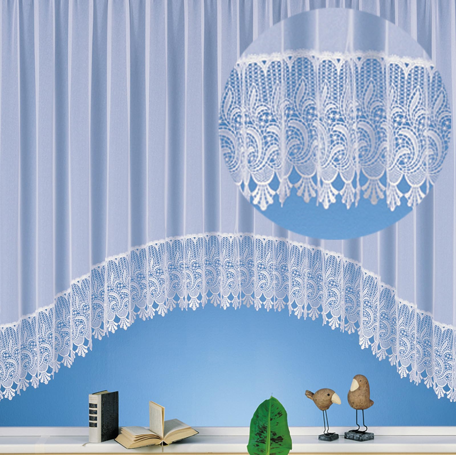 heimtexland C-Bogen Store Gardine aus edlem Websablé mit echtem Makramee-Sockel in rein weiß - HxB 145x300 cm für Dekorationsbreite 90-130 cm - Ökotex Macramé Vorhang Typ516