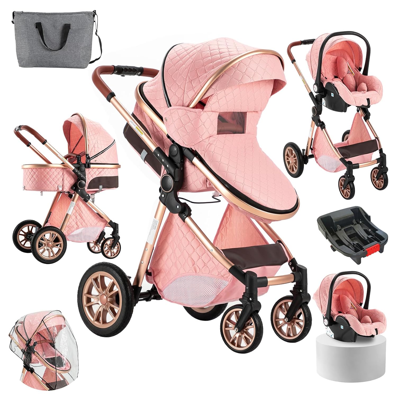 3 in 1 Baby Stroller Travel System Combo Set, Reversible Convertible Infant Stroller with One-Click Folding, Toddler Newborn Pram Carriage with Aluminum Frame (UDV9-PINK with Base) 3 in 1 Baby Stroller Travel System Combo Set, Reversible Convertible Infant Stroller with One-Click Folding, Toddler Newborn Pram Carriage with Aluminum Frame (UDV9-PINK with Base)