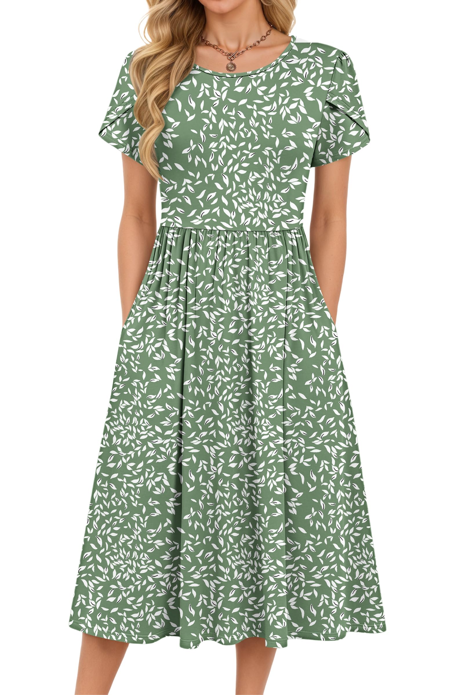MOLERANI Damen Sommerkleider - Kurzarm Rundhals Midikleid Knielang Freizeitkleider Lose A-Linie Kleider mit Tasche