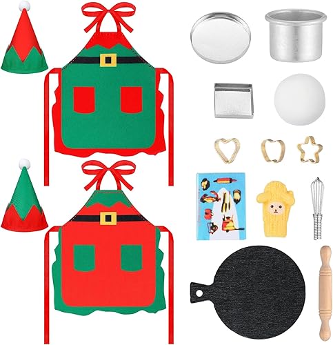 Hungdao Juego de accesorios de elfo de Navidad, mini muñeca panadera, delantal, sombreros, rodillo, juego de bandeja de huevos y galletas, cuenco