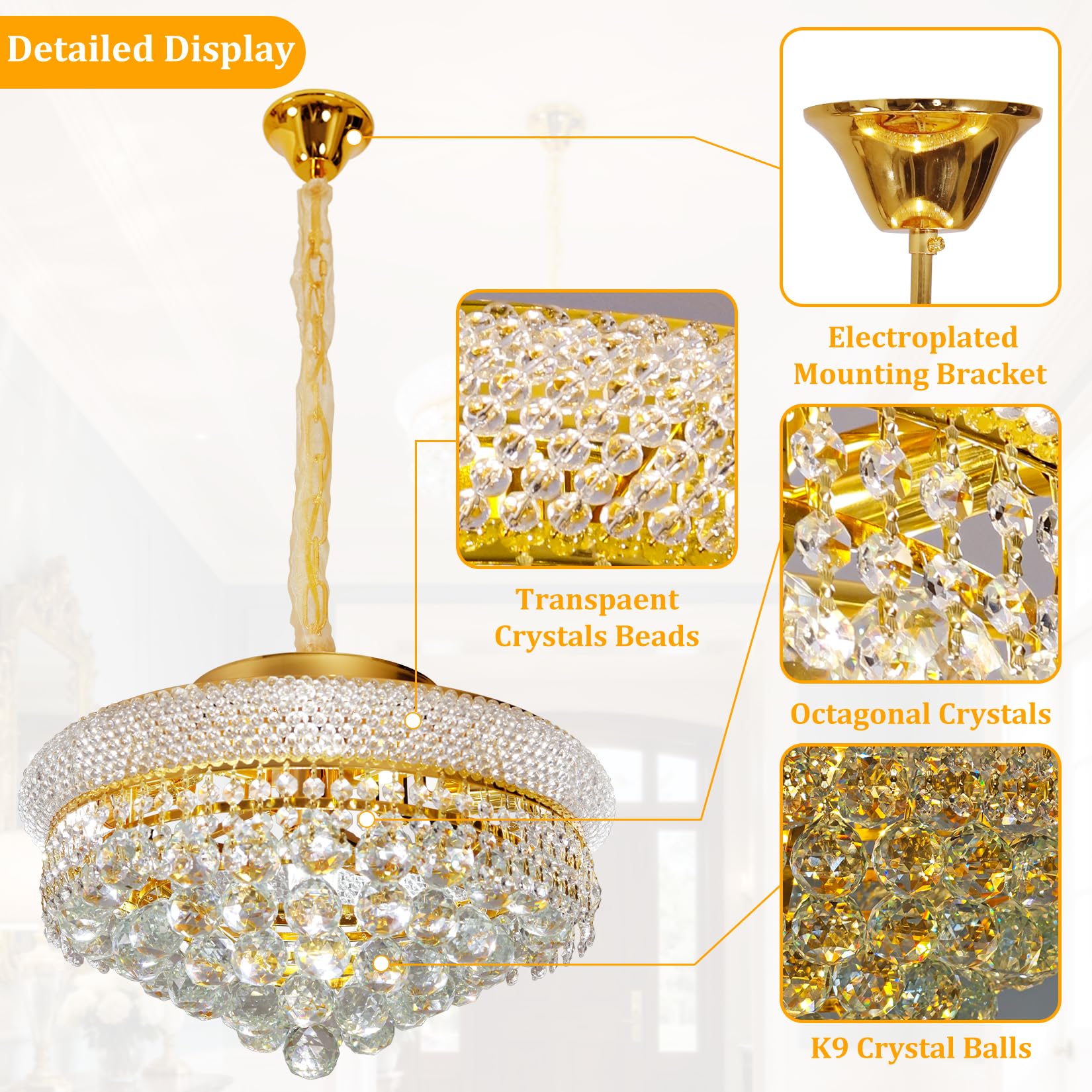 Lámpara de Araña de Cristal Moderna Dorada: Lámpara de Techo Redonda para Salón, Dormitorio, Comedor y Restaurante, Iluminación Interior de Cristal, Incluir E14 x 9, Ø 62 cm