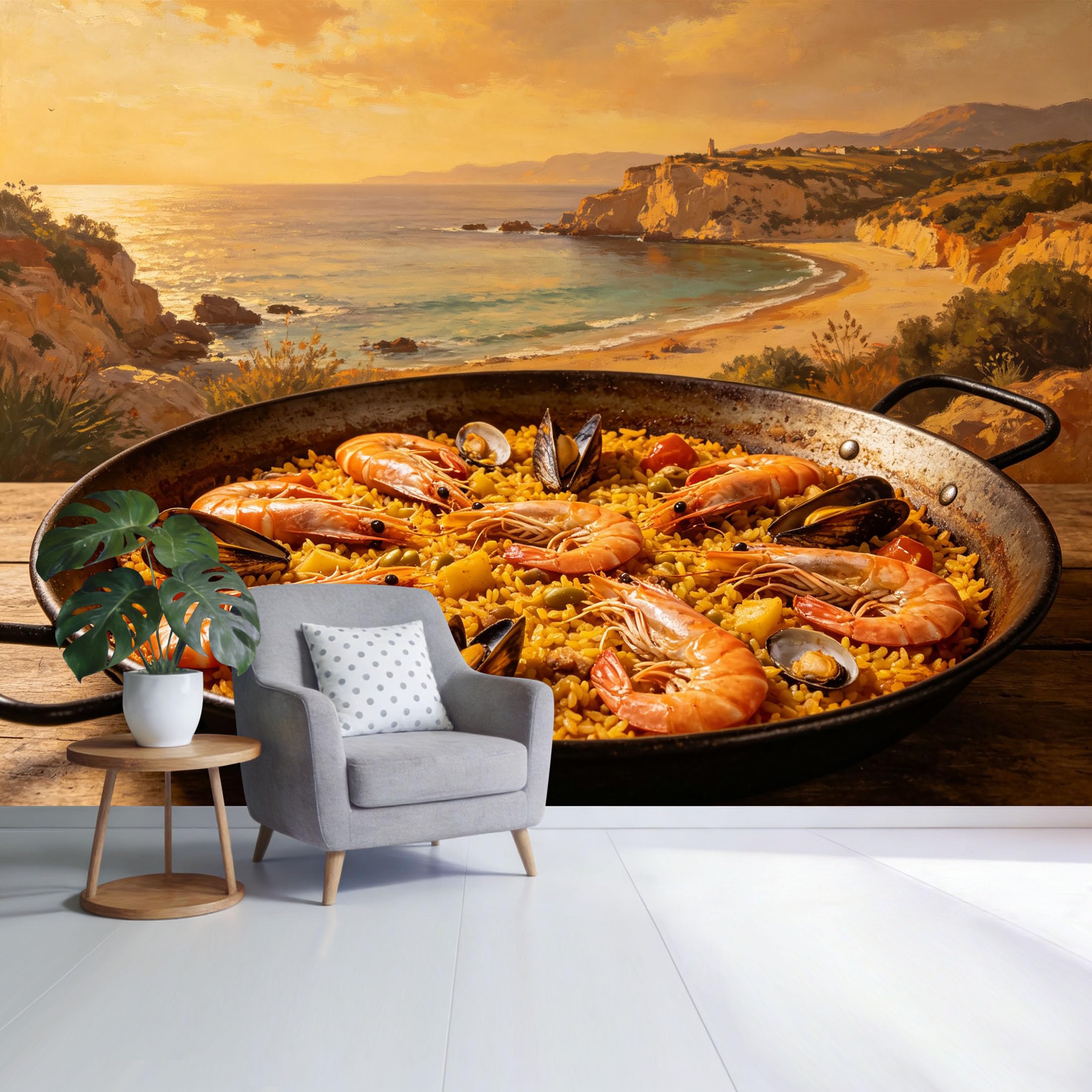 Custom Size Wall Mural Coastal Sunset Ocean View with Mediterranean Cliff and Seafood Dish SelfAdhesive Wall Fabric Removable Wallpaper for Home Office Decor