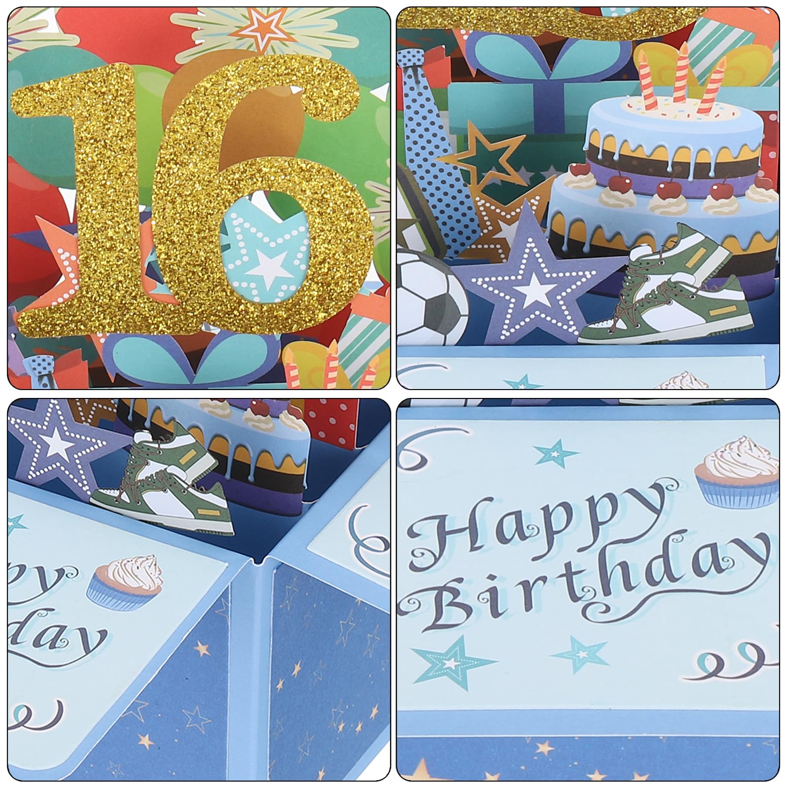 PATIKIL Biglietto Compleanno 3D Pop-Up 16 Anni – Con Busta E Tagliandino, Tema Torte E Palloncini, Per Ragazza E Donna, Blu - 6