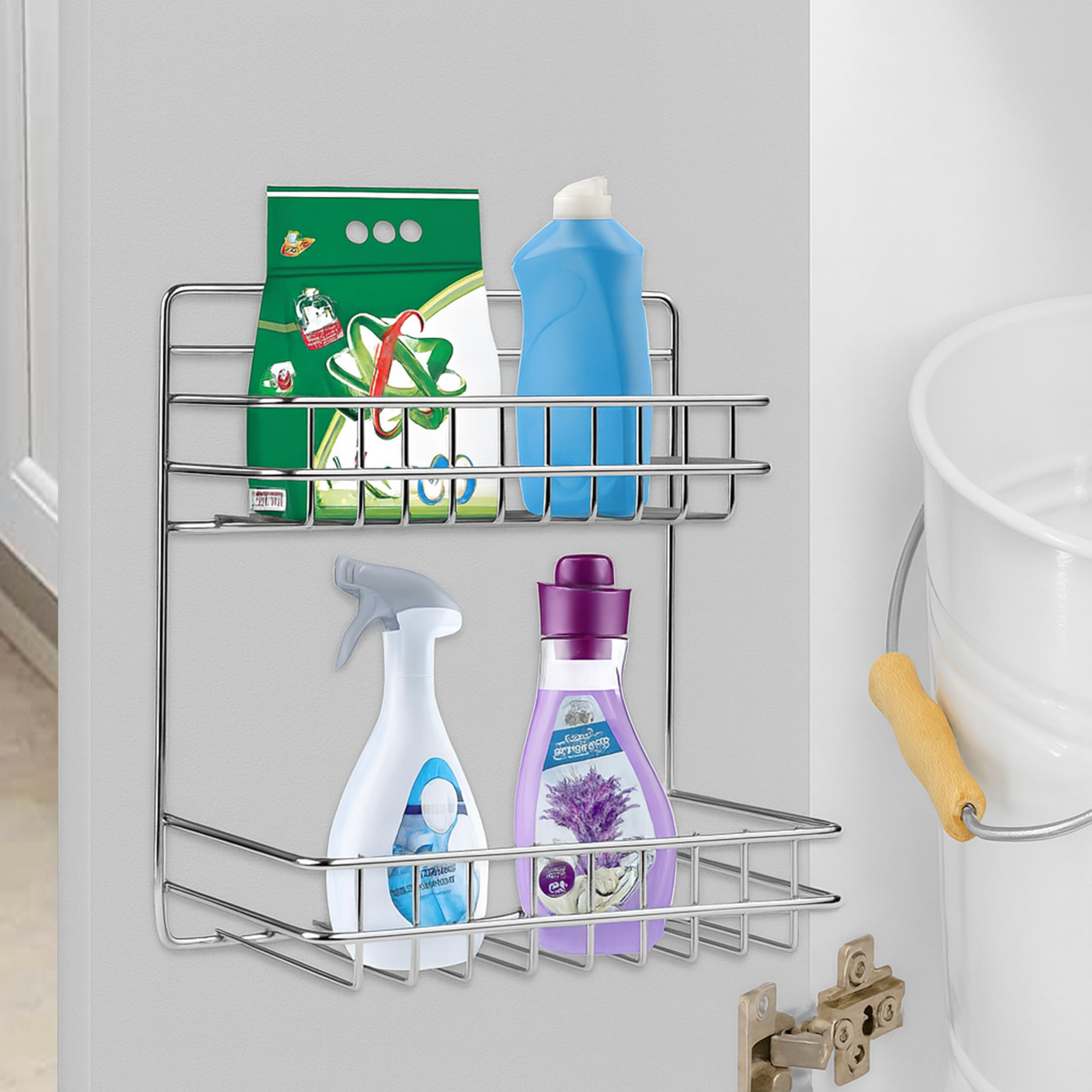 Planet Multipurpose Stainless Steel Detergent Holder/Wall Mount Kitchen and Detergent Rack/Multipurpose Rack for Bathroom/Corner Rack/Soap and Shampoo Organizer-Small (Silver, Pack of 1)