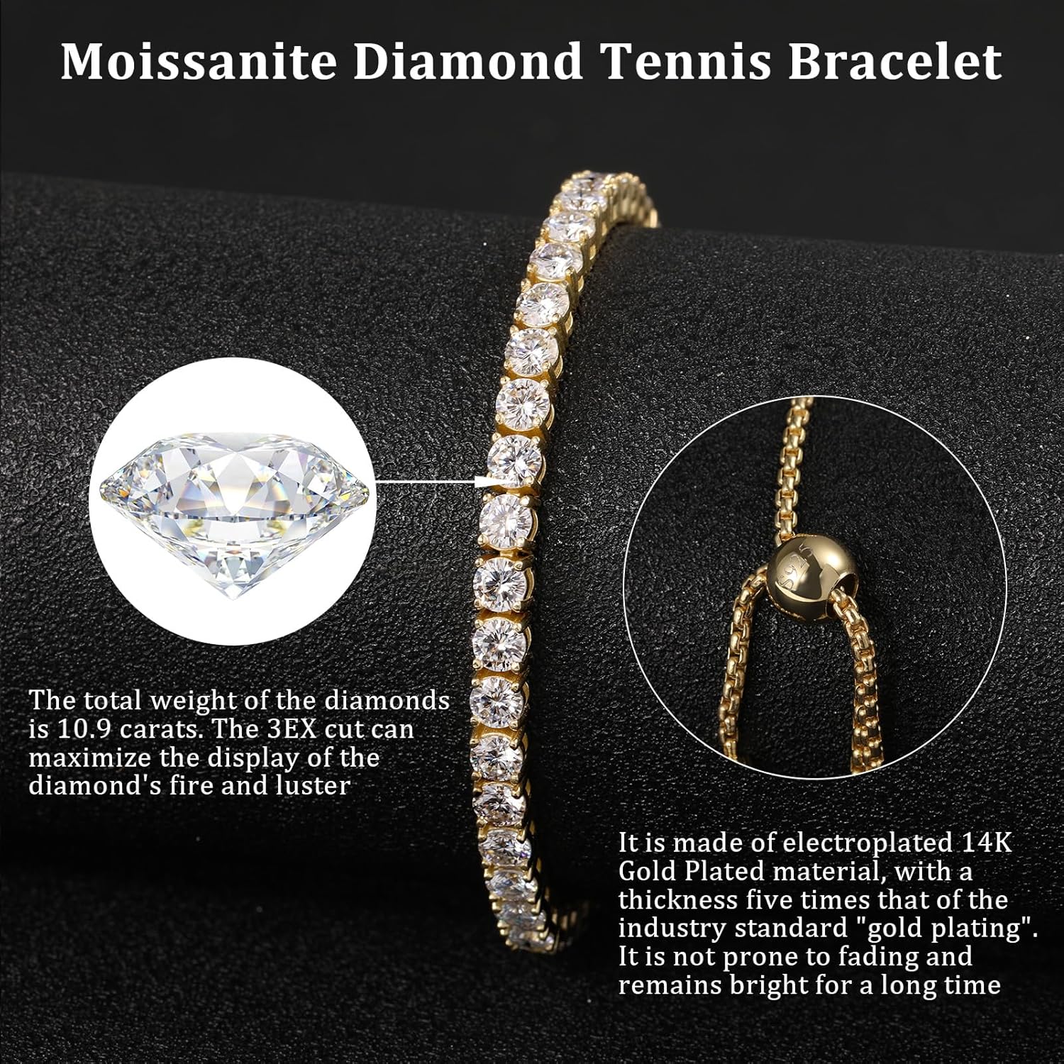 4MM Moissanite Tennis Bracelet for Women, 10.9 ct Adjustable Moissanite Bracelets, 925 Sterling Silver White/14k Gold Plated, Luxury Birthday or Anniversary Jewelry Gift for Her