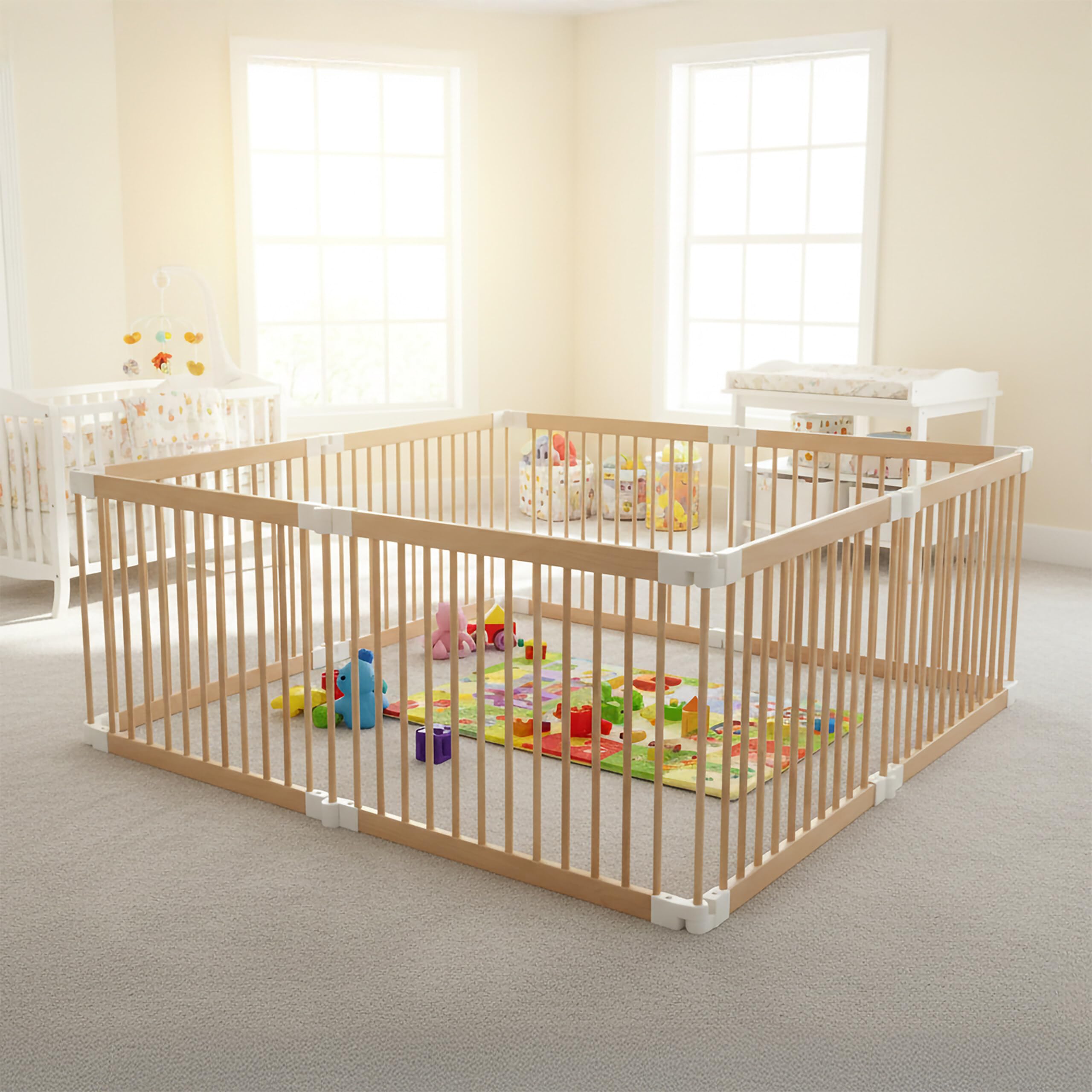 Parc pour bébé Relaxdays, Parc Flexible avec Porte, 8 Panneaux H x L : 61 x 84,5 cm, Aire de Jeu sécurisée, Bois de pin.