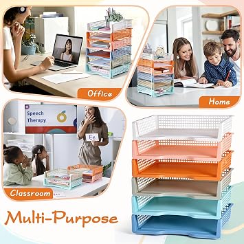 ZZYFGH 6 Pack in Trays for Teachers, Plastic Classroom Paper Organizers, Colorful Storage Baskets for Office, Stackable Office Desktop Document Paper Storage(13.4 * 9.5 * 2.7in)