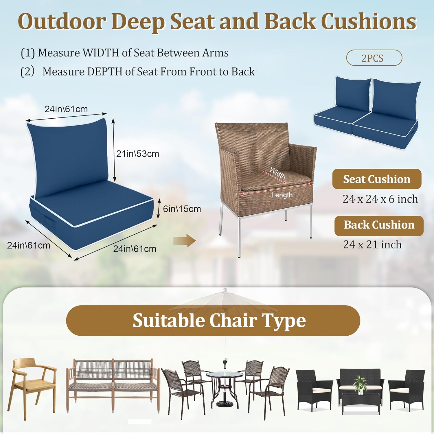 Outdoor Deep Seat Cushion Set, Fade Resistant Patio Chair Cushions, 24x24x6 Inch Patio Sofa Furniture Pad with Removable Cushion Covers (Navy Blue+White Side, 24''Lx24''Wx6''H-1pcs Set)