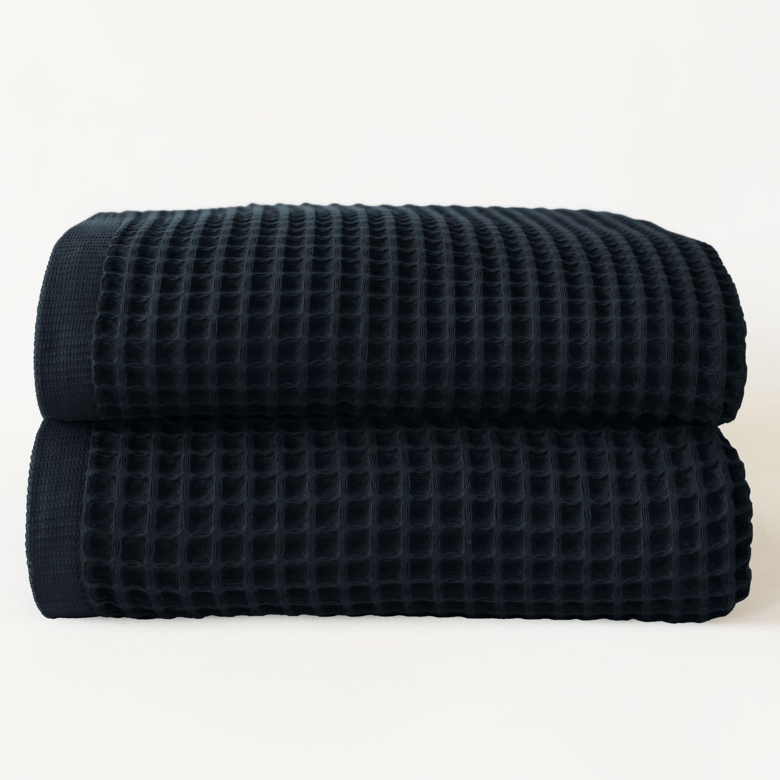 Viva Maison Premium Black Waffle Bath Towels Pack of 2 Extra Large 35x71 inch - 100% Turkish Cotton, Waffle Weave, Quick Dry, Lint Free, Oversized, Thin Bath Sheet Towel (Black, Set of 2 Bath Towels)