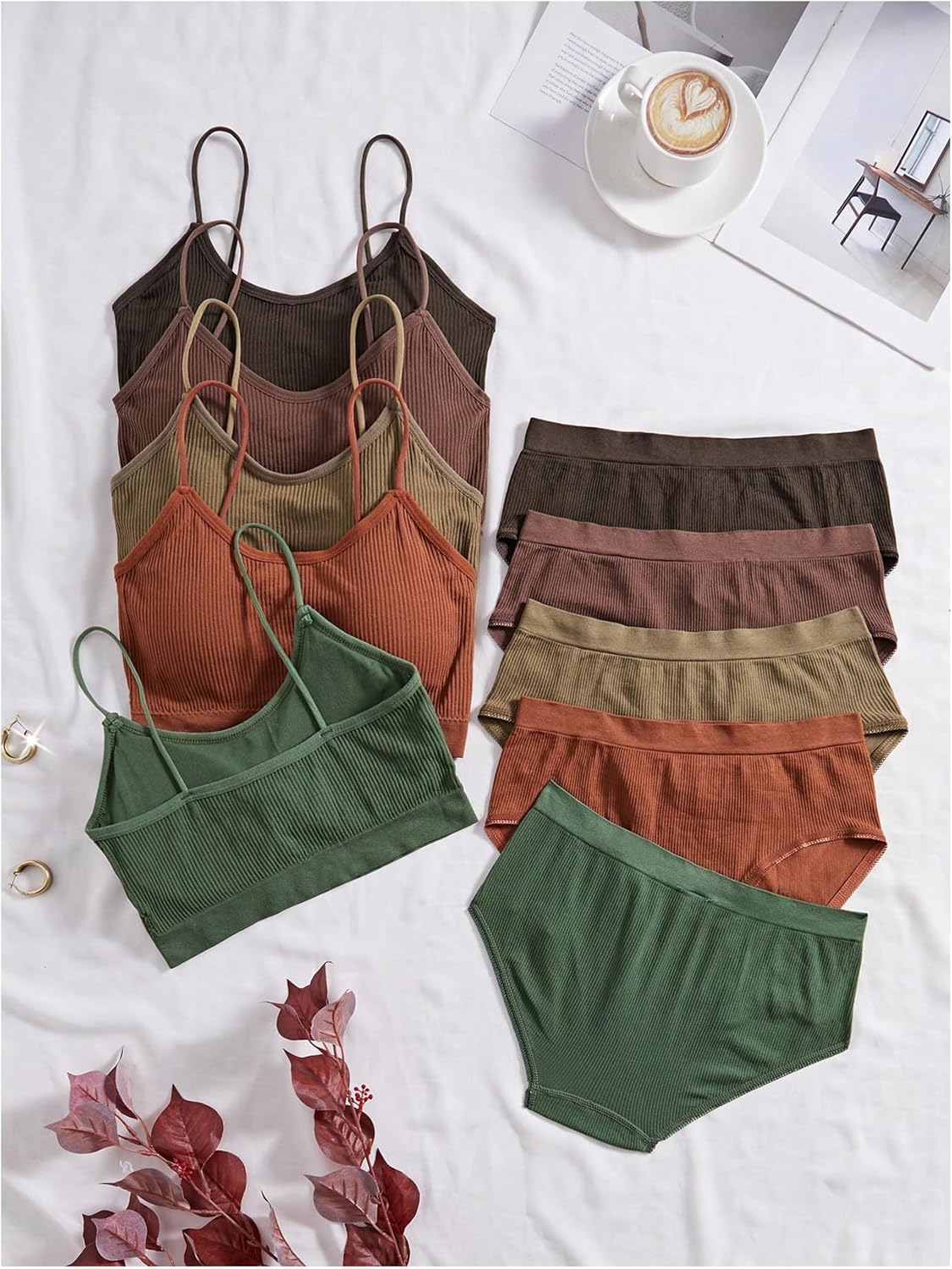 Women's 5 Sets Ribbed Knit Lingerie Sets Seamless Matching Underwear Sets Wireless No Show Bra and Panty Brief Sets - Image 5