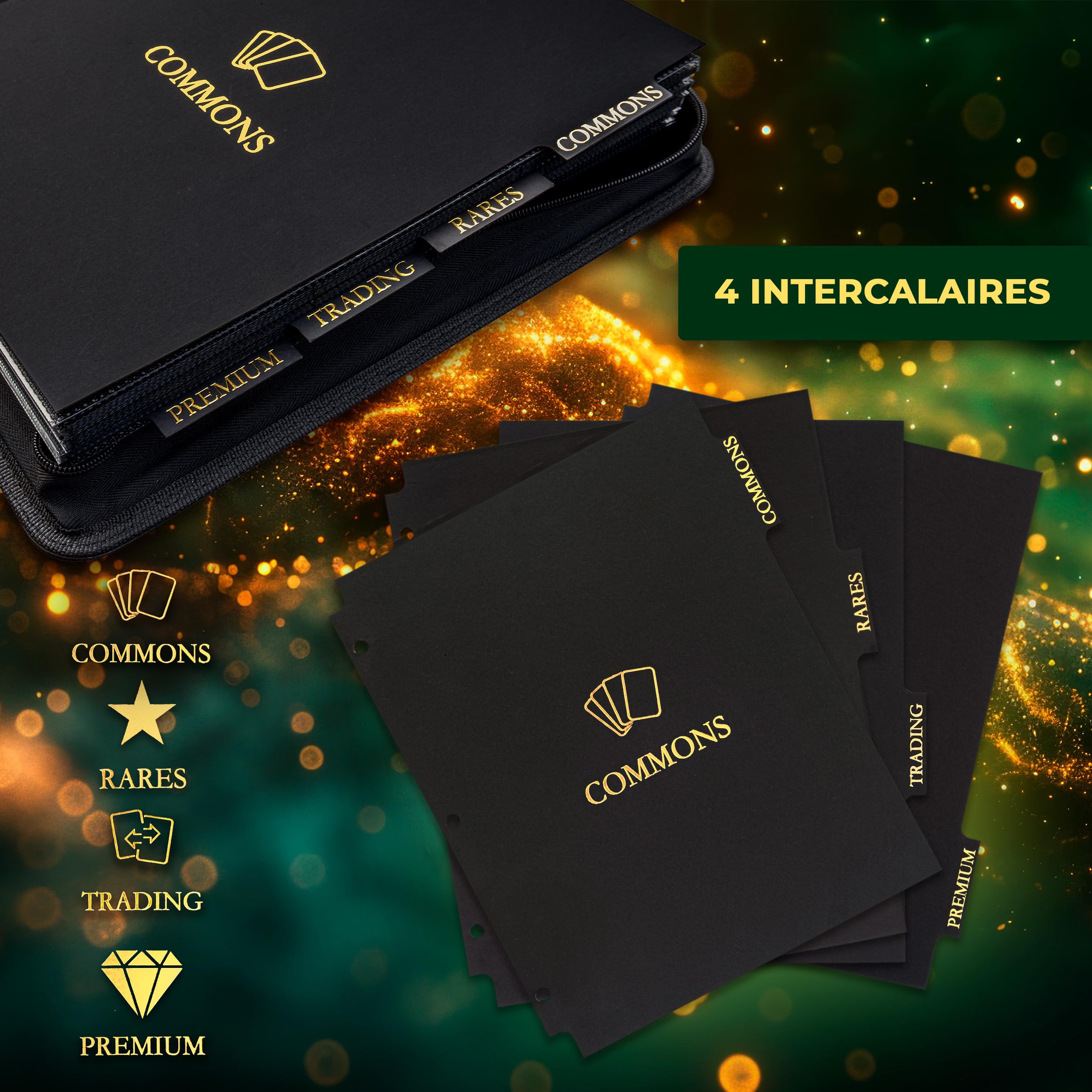 Classeur carte 562 pochettes — Espace toploader intégré — Intercalaires inclus pour tri rapide — Compatible cartes TCG, sleeves, double sleeves — Fermeture zip