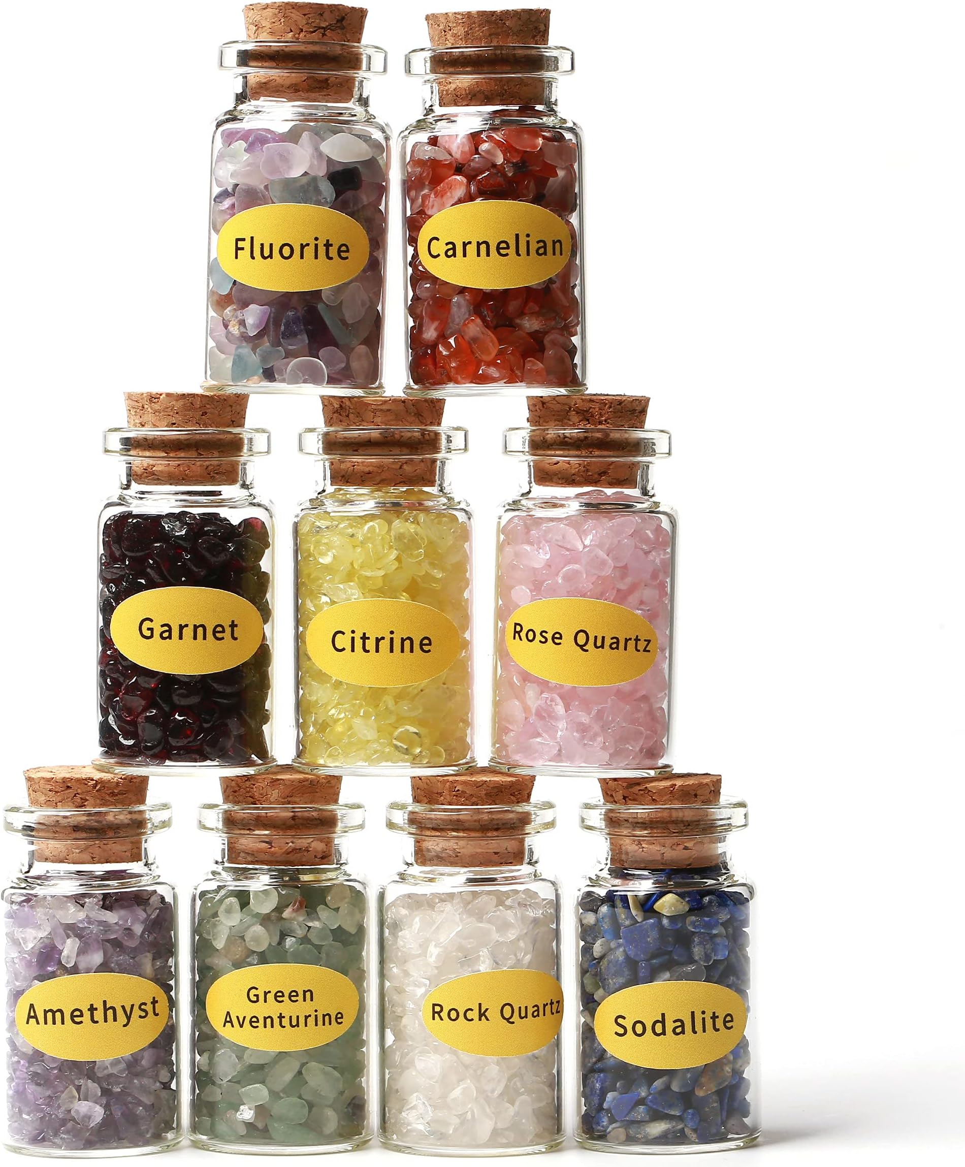 A Set of 9 Different Crystal Gemstone Chips in Glass Bottles - Chakra Healing Tumbled Gem Reiki Wiccan Stones Set